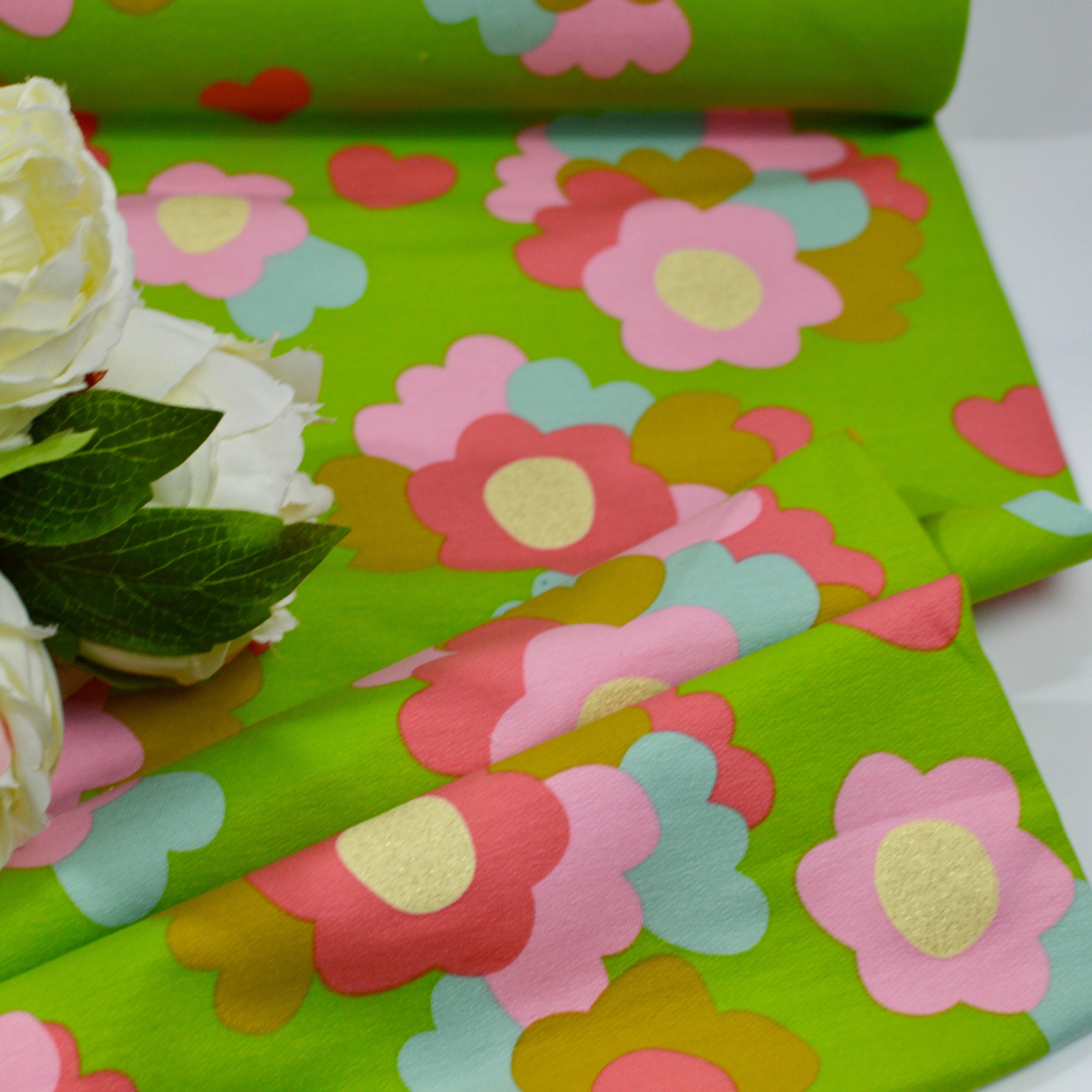 French Terry - 70s Flowers - greeny Glitter Fabric poshpinks