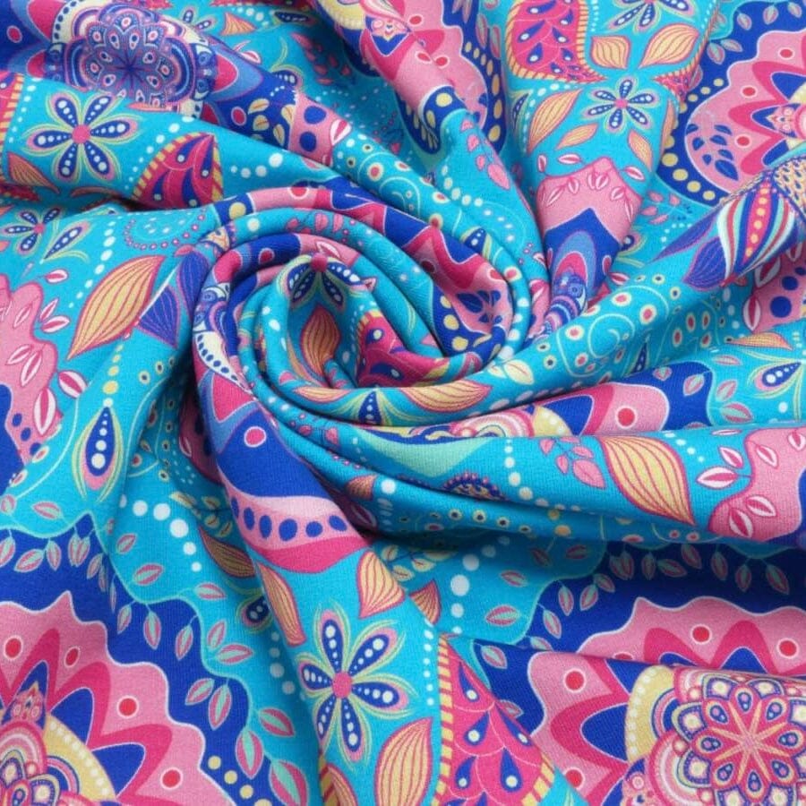 French Terry - Oriental Mandala - Türkis Royal Pink Fabric poshpinks