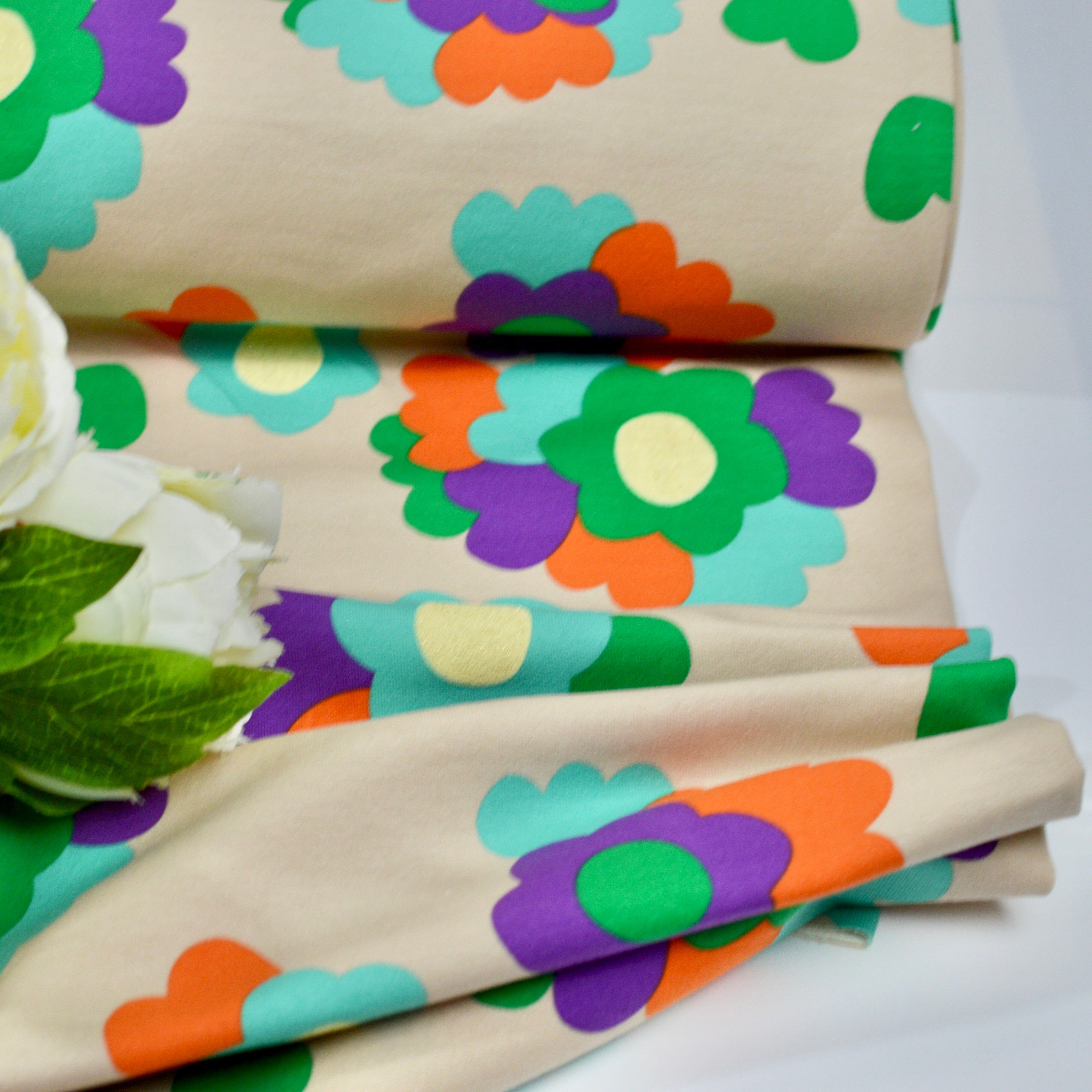 French Terry - 70s Flowers - creamy Glitter Fabric poshpinks