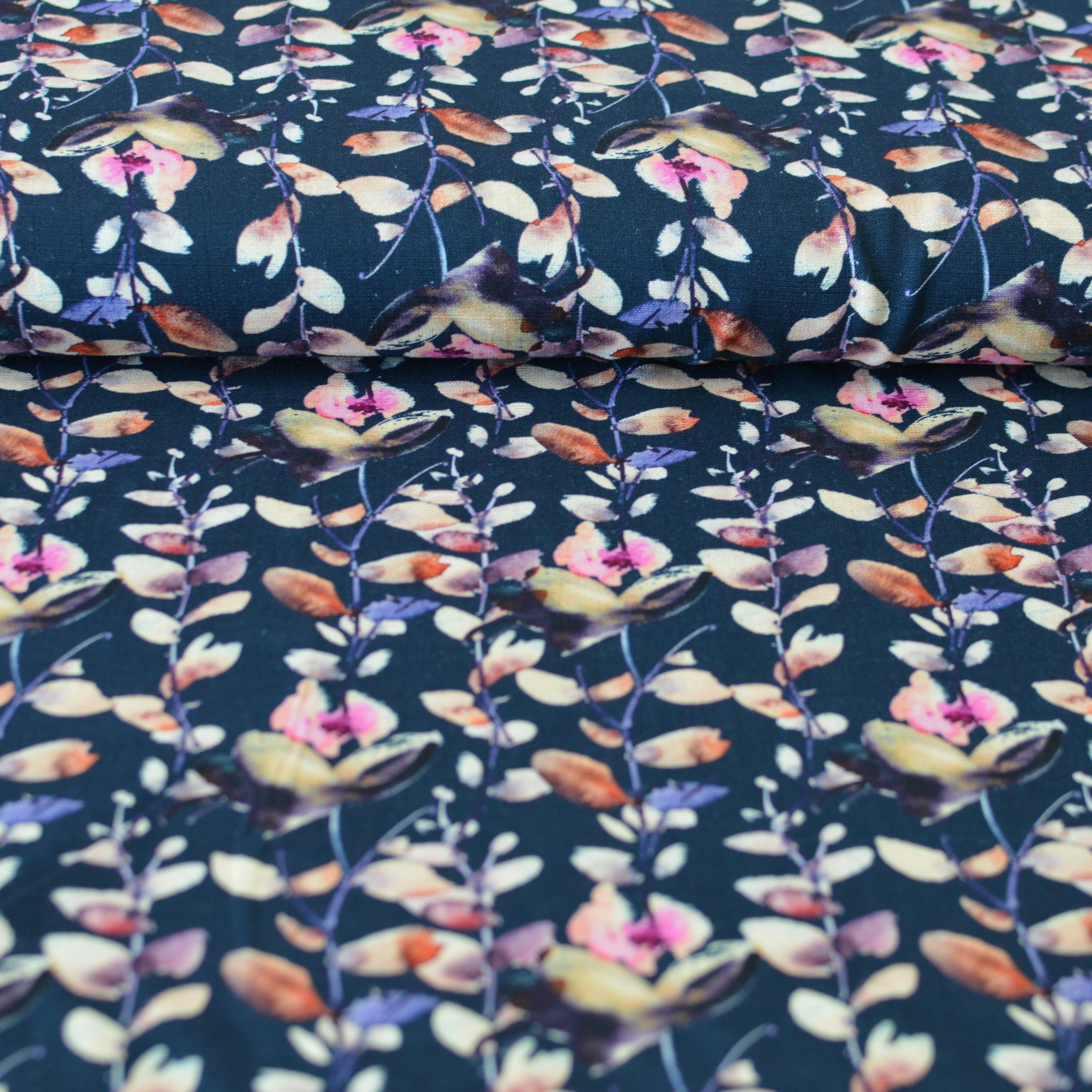 (Kopie) Viskose Leinen - Druck kleine Blätter dunkelblau beige lila Fabric poshpinks