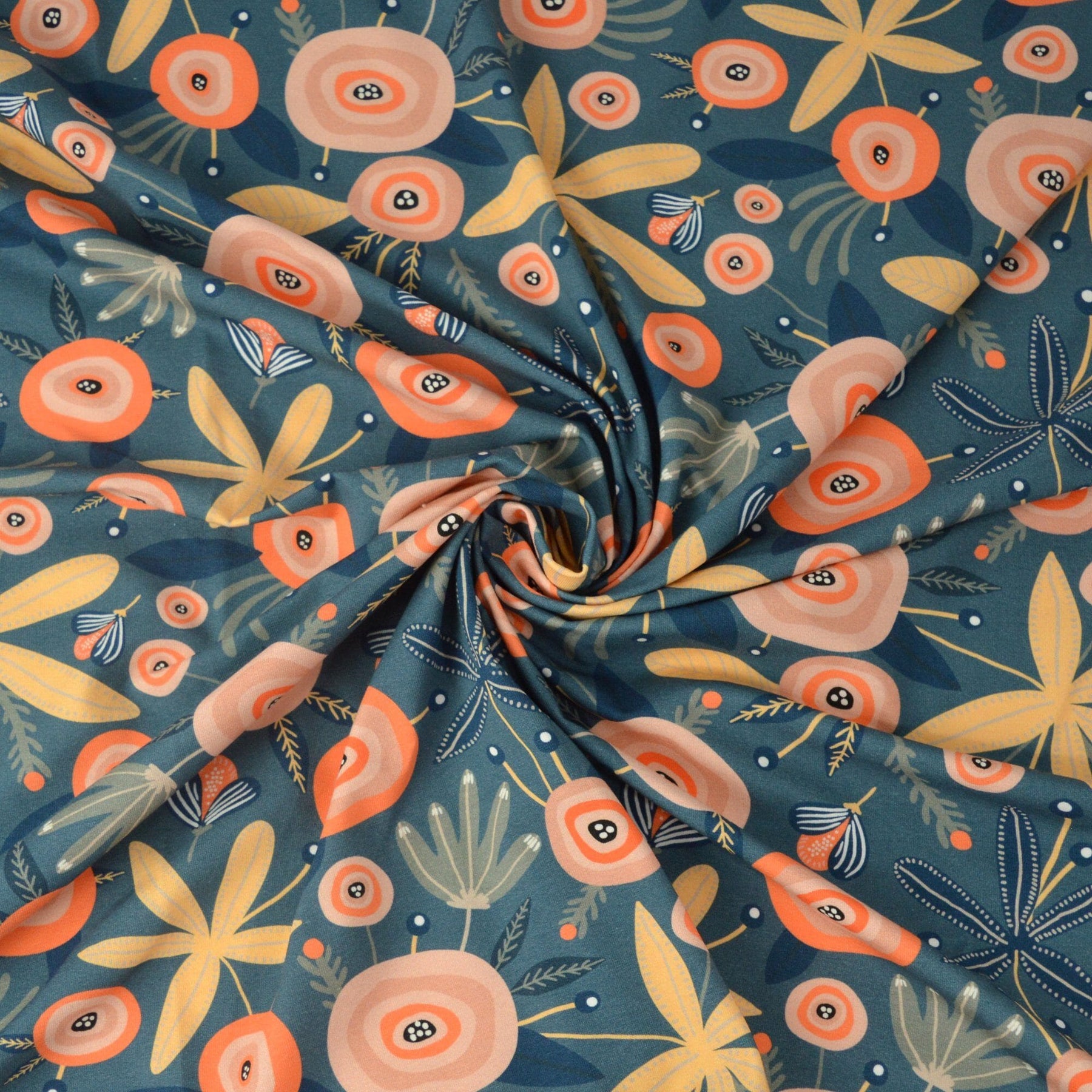 Reststück 0,4m! Baumwolljersey - Primavera - Blau und Peach Fabric poshpinks