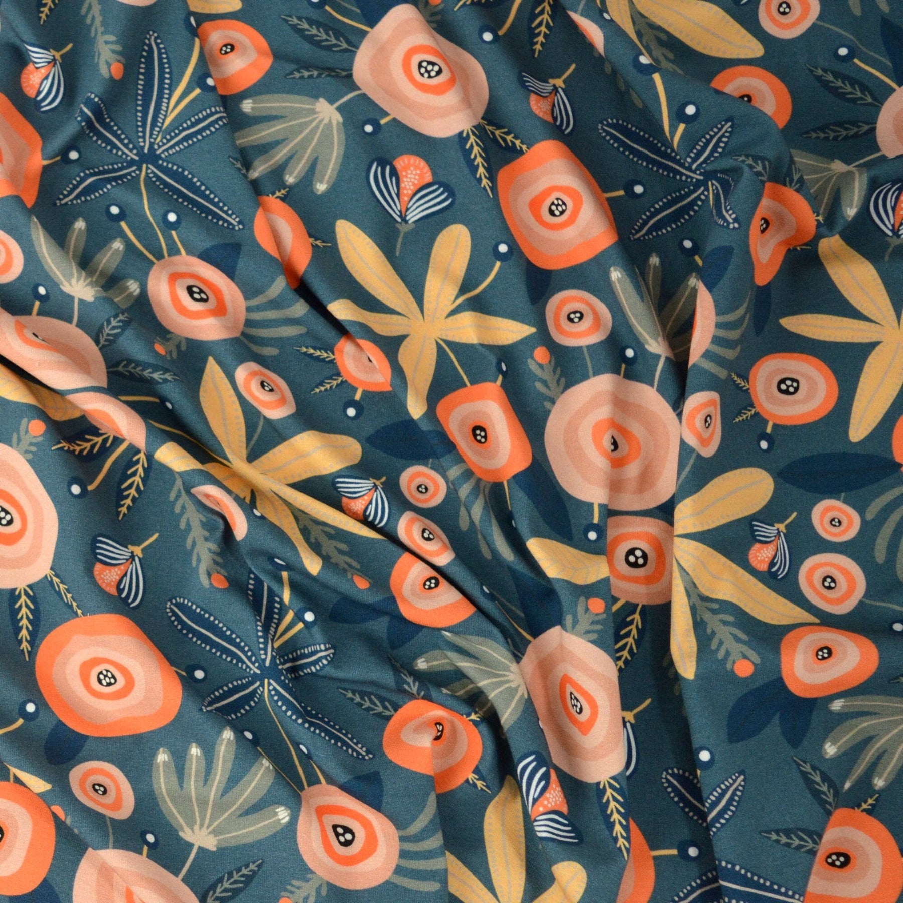 Reststück 0,4m! Baumwolljersey - Primavera - Blau und Peach Fabric poshpinks
