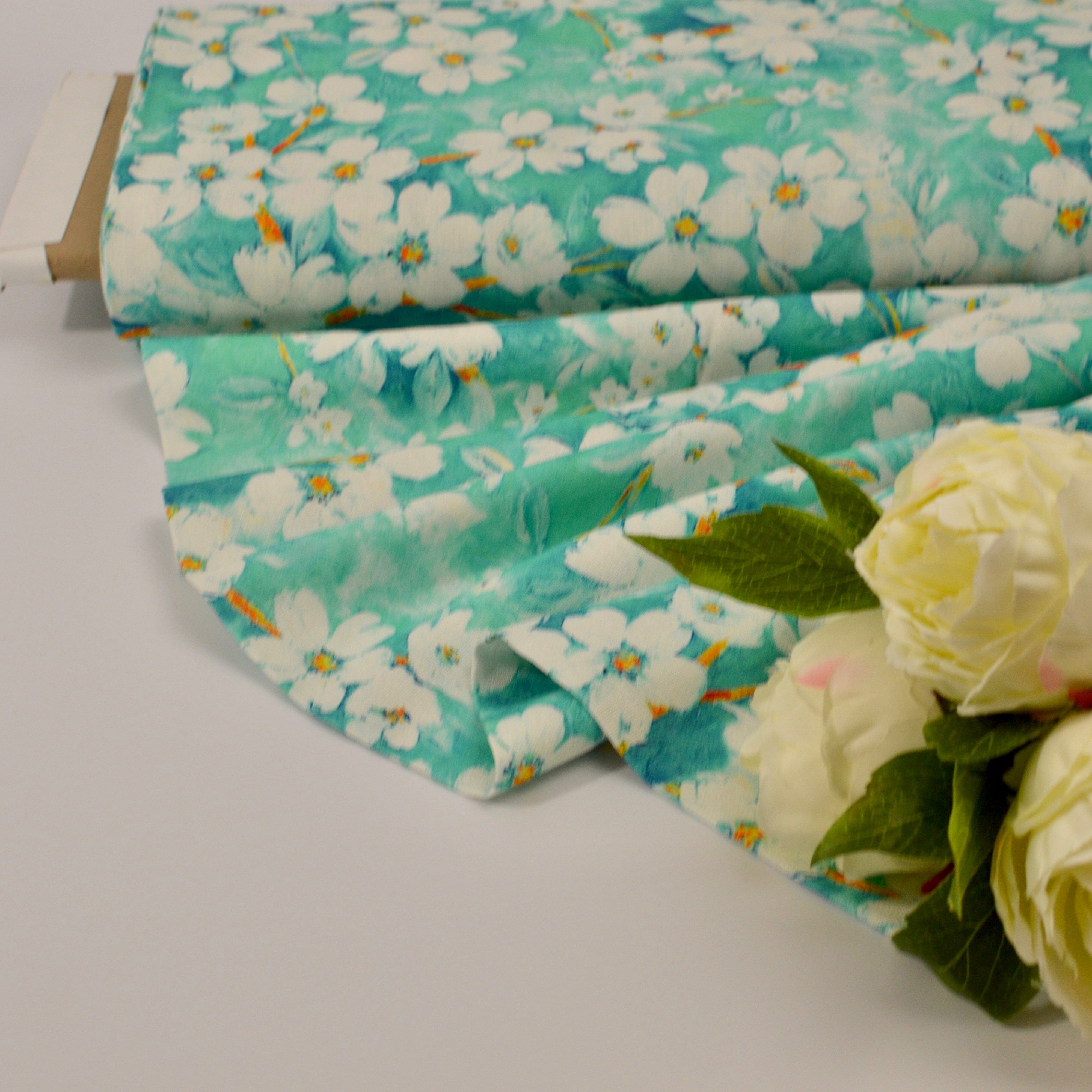 Viskose Leinen - Druck Blumen Türkis Fabric poshpinks