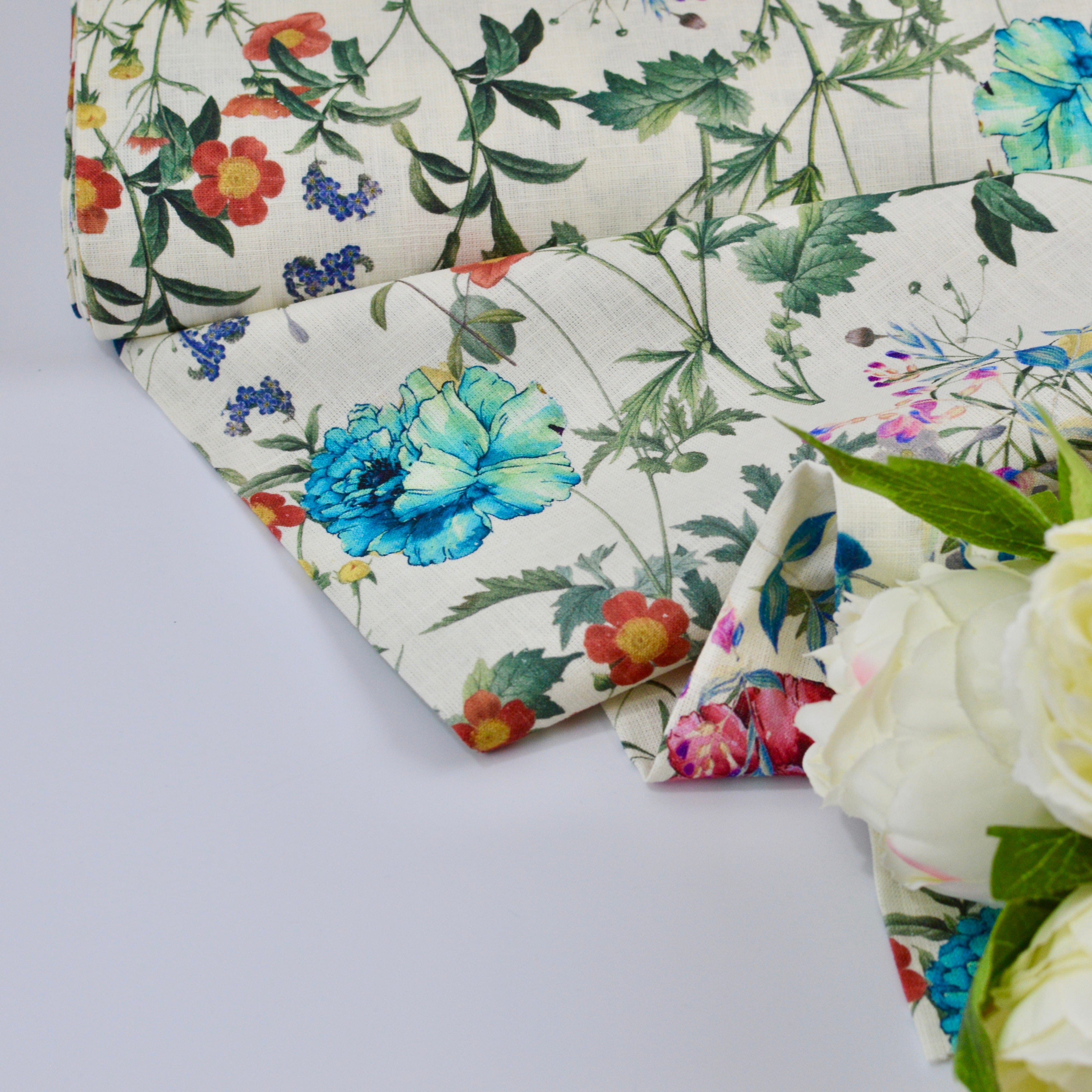 Chinesisches Leinen - Druck Blumen & Ranken Creme Fabric poshpinks