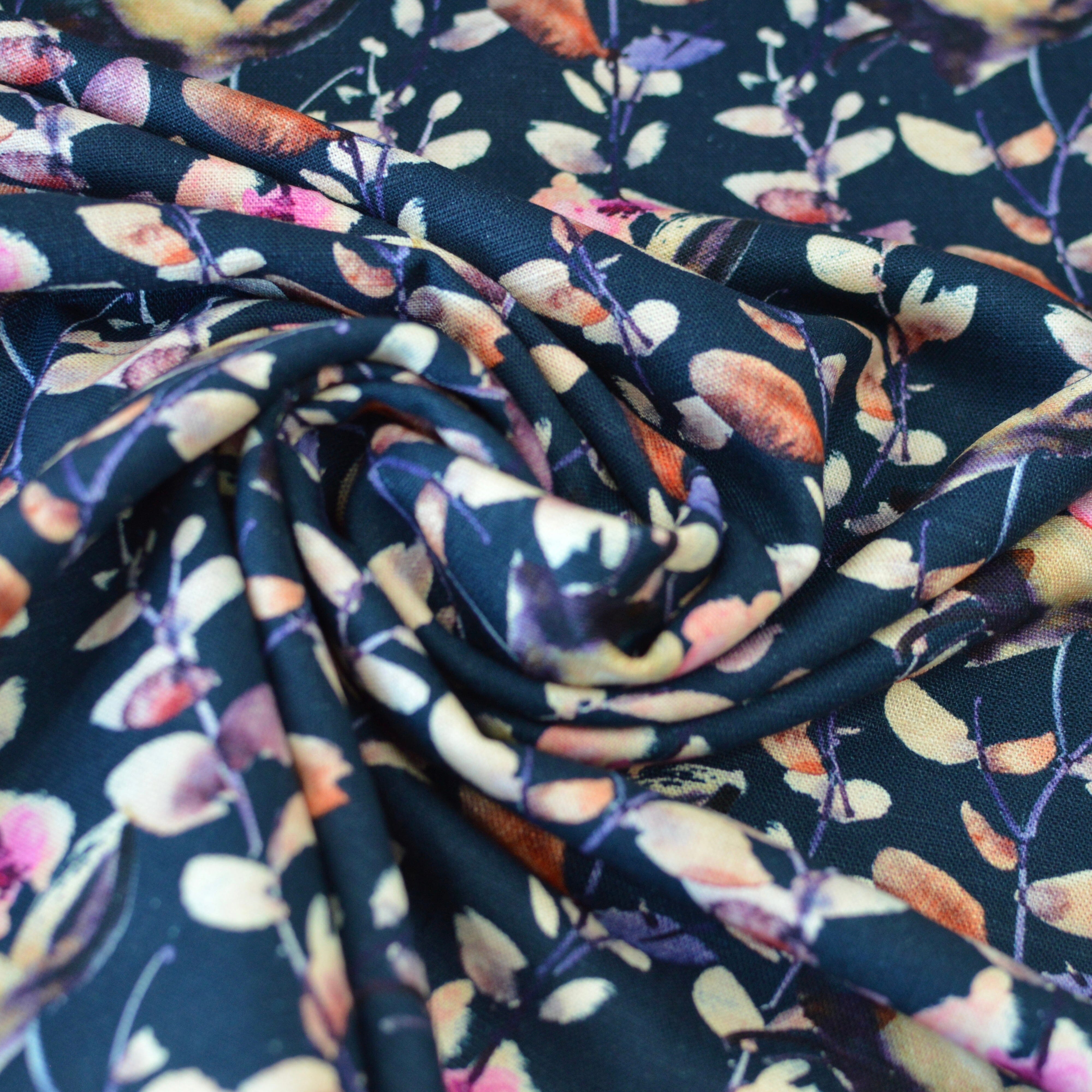 (Kopie) Viskose Leinen - Druck kleine Blätter dunkelblau beige lila Fabric poshpinks