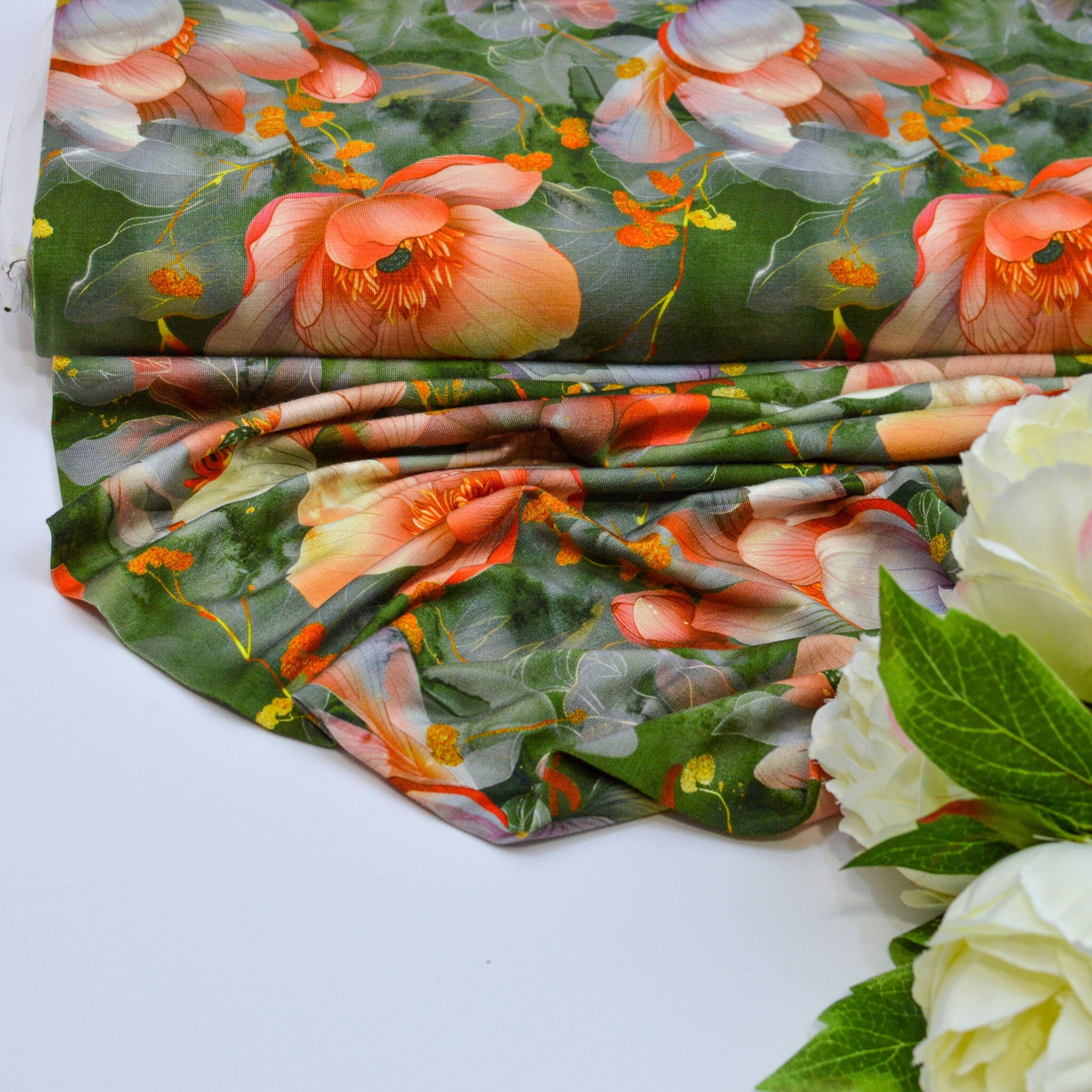 Bambusjersey - Poppies - Blumen - grün rot Fabric poshpinks
