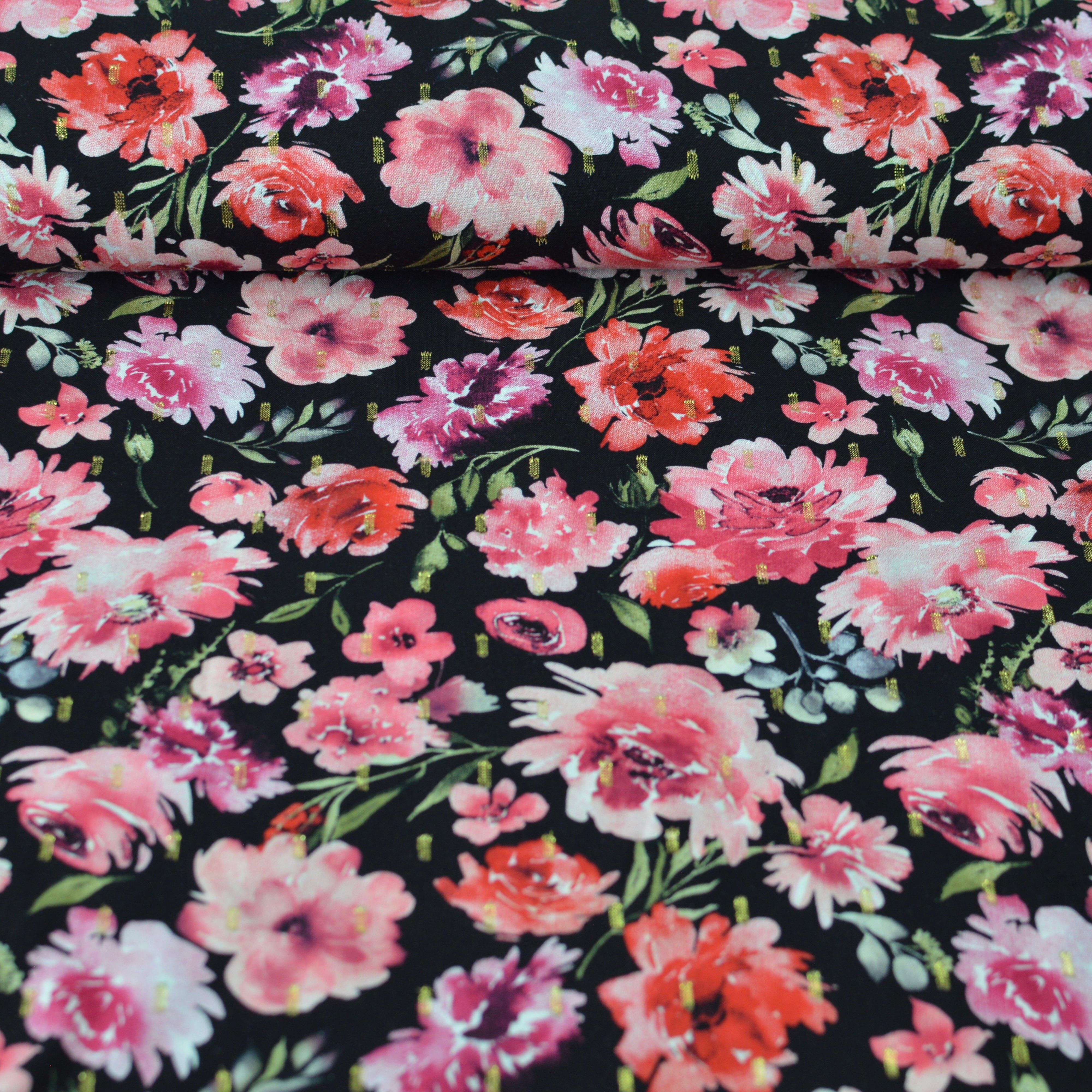 Viskose - Blumen - schwarz rot Fabric poshpinks