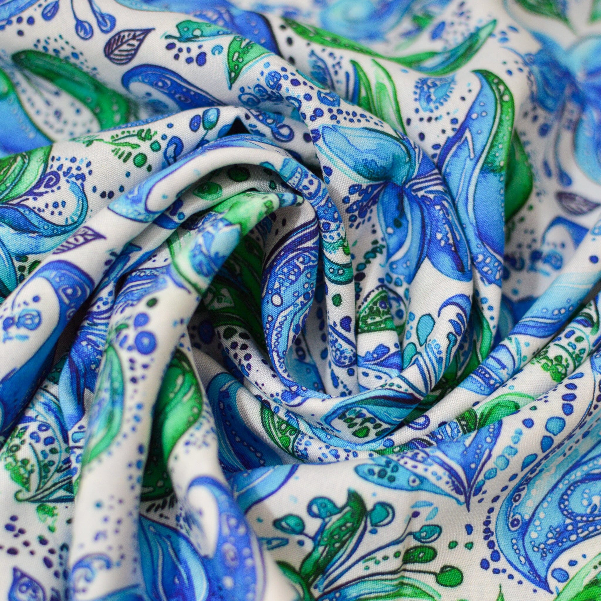 Viskose - Blumen - blau grün auf weiß Fabric poshpinks