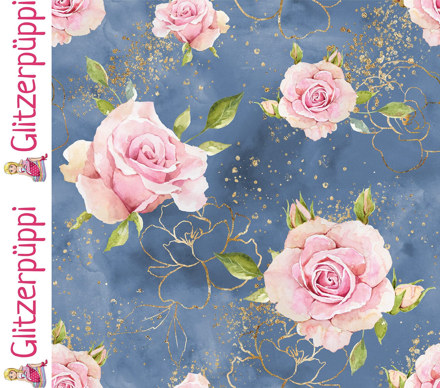 French Terry - Golden Roses - Stahlblau - Glitzerpüppi Eigenproduktion Fabric poshpinks