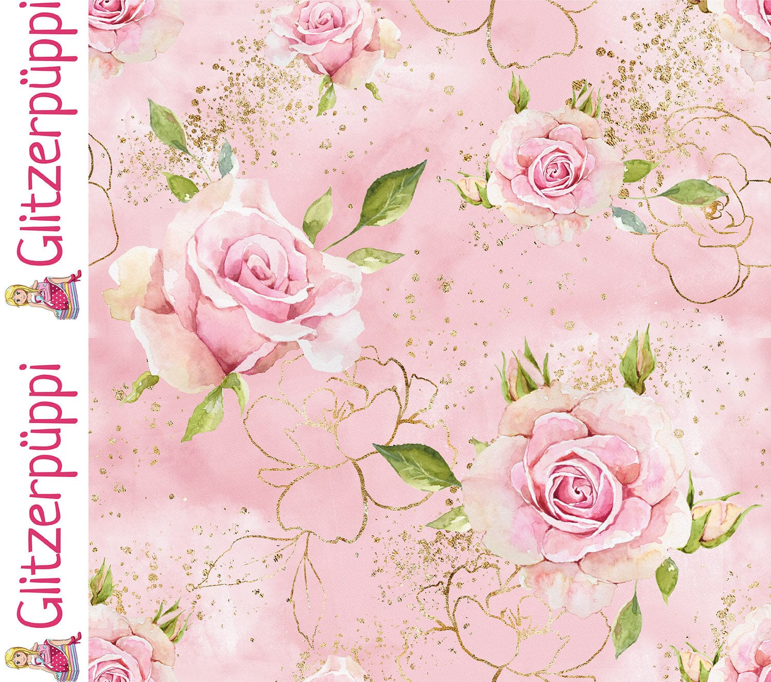 French Terry - Golden Roses - Rosa - Glitzerpüppi Eigenproduktion Fabric poshpinks