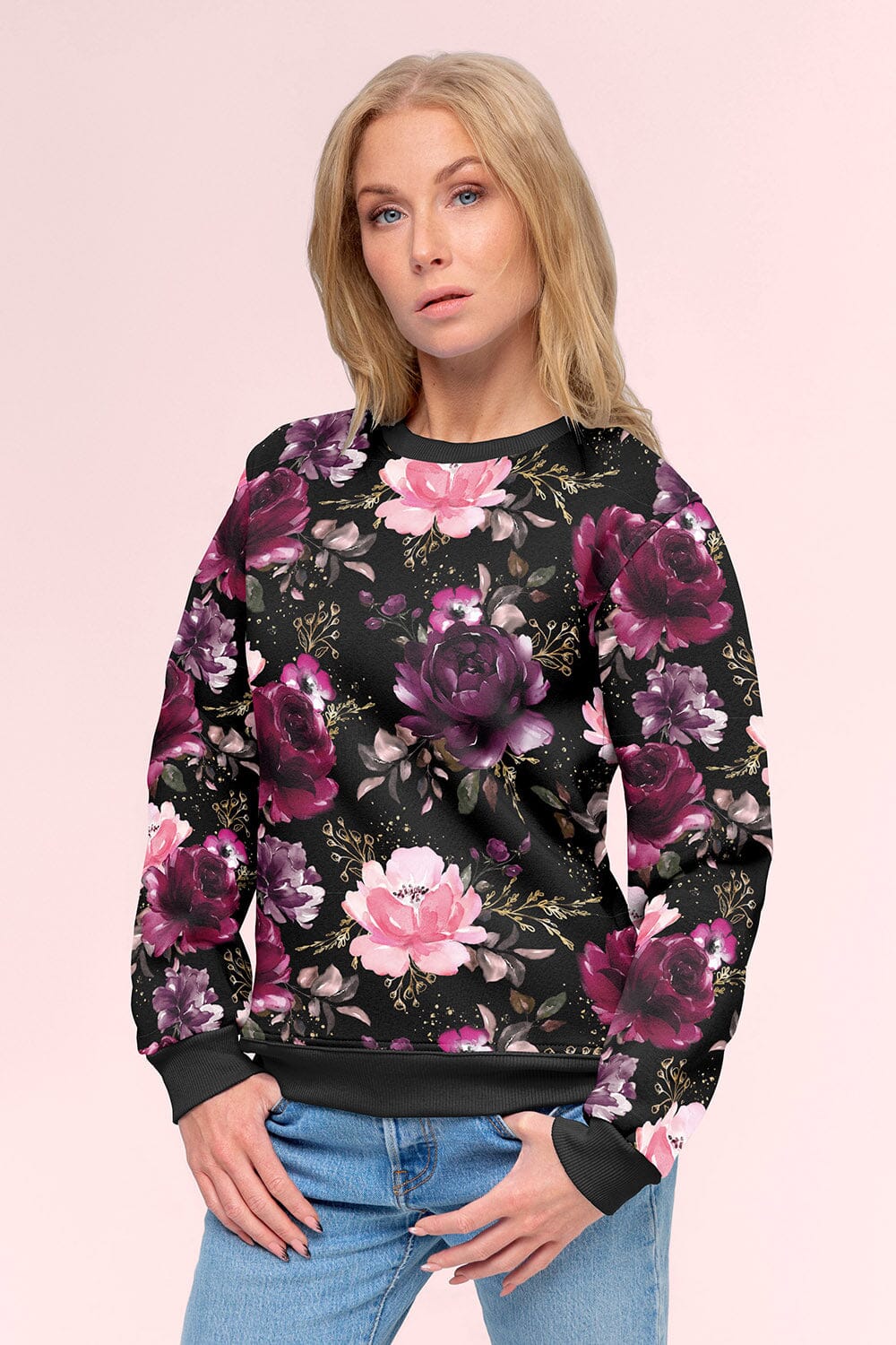Sweat - Dark Peonys - Schwarz- Glitzerpüppi Eigenproduktion Fabric poshpinks