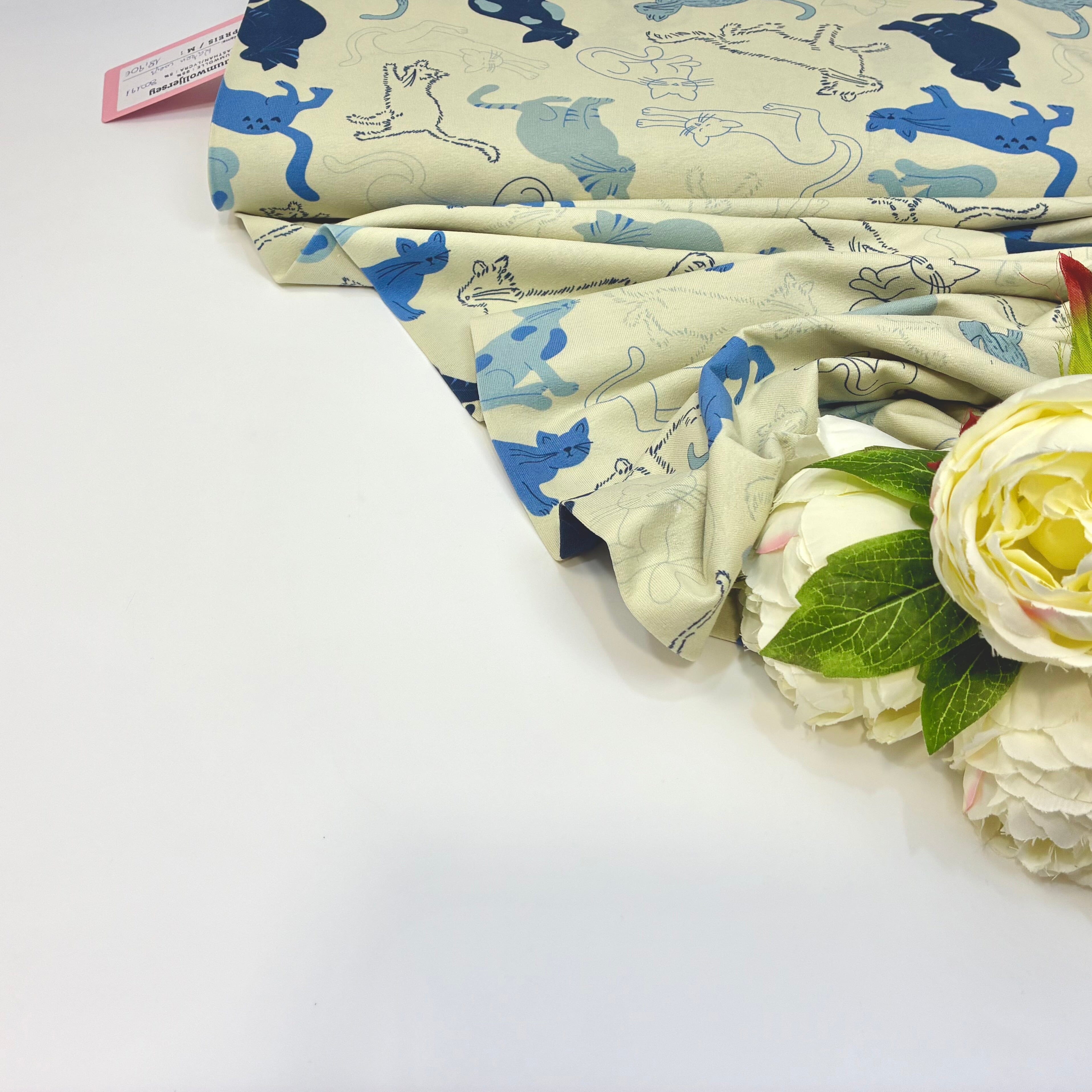 Baumwolljersey - Katzen - creme blau Fabric poshpinks