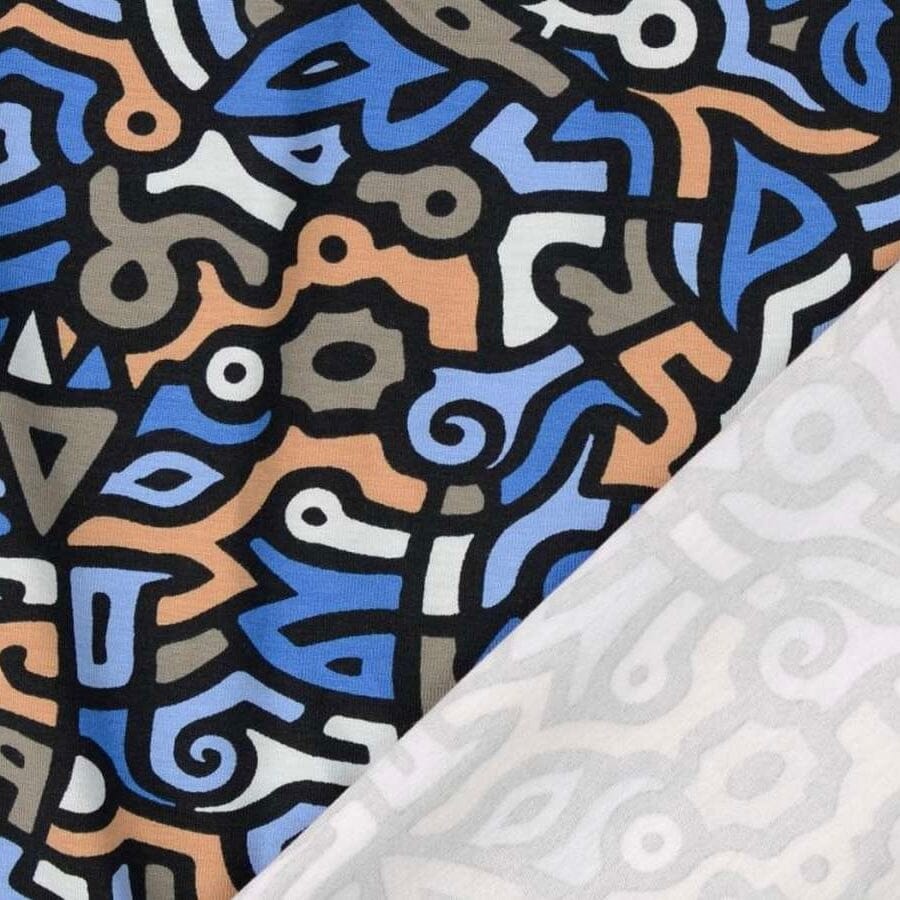 Baumwolljersey - Street Art - blau beige bunt Fabric poshpinks