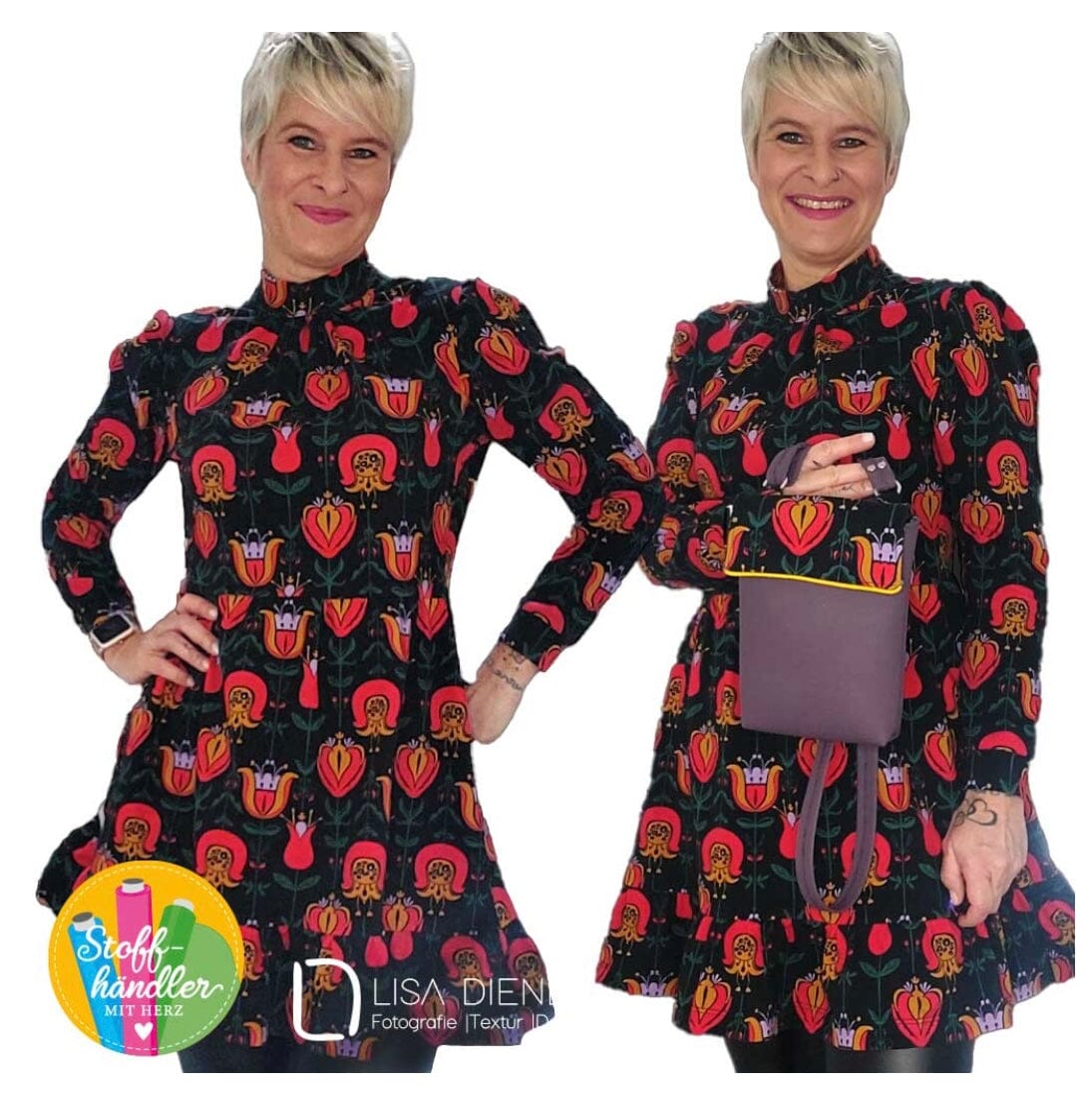 Stoffhändler mit Herz Eigenproduktion - Retroblumen schwarz rot bunt Fabric poshpinks