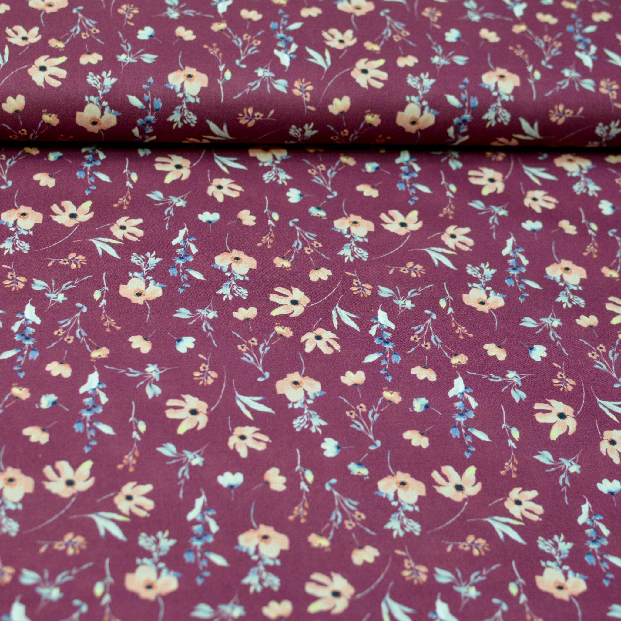 Baumwoll Popeline - Aquarell Flowers - Dark Mauve Fabric poshpinks