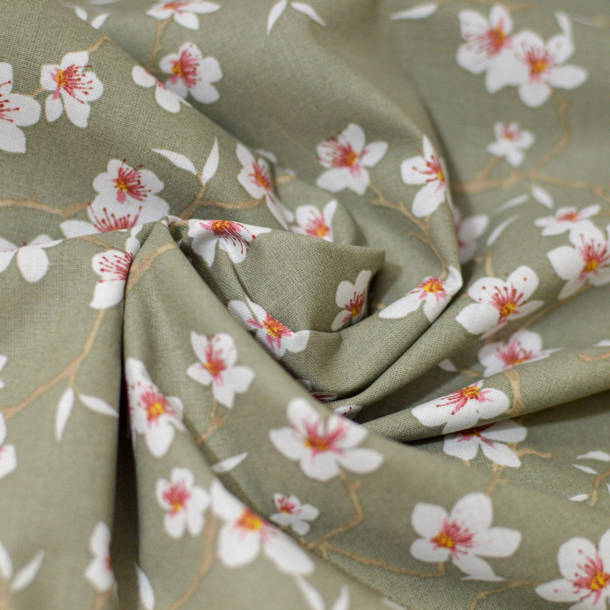 Baumwolle - Popeline - Amandix - Blumen auf olivgrau Fabric poshpinks