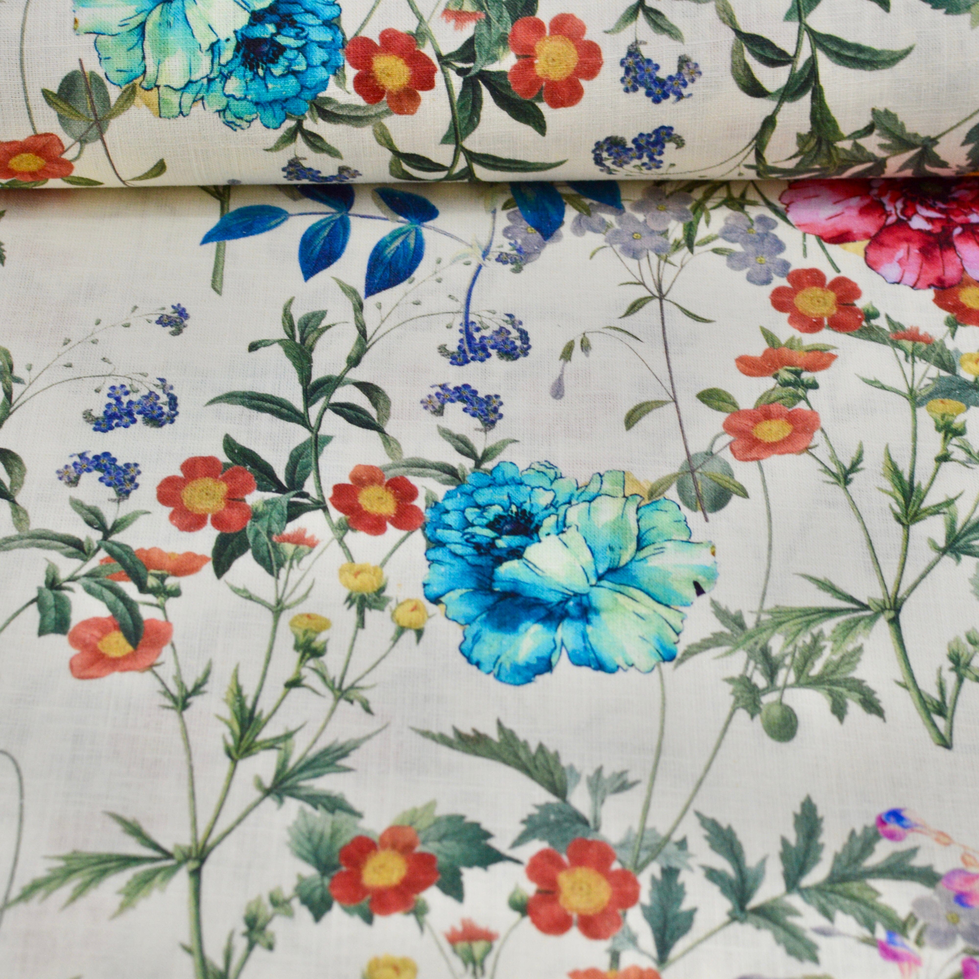 Chinesisches Leinen - Druck Blumen & Ranken Creme Fabric poshpinks