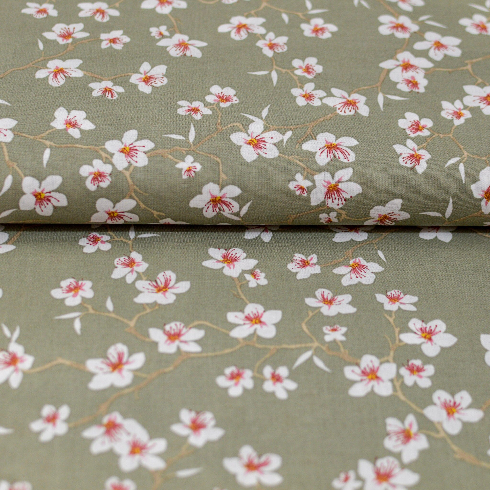 Baumwolle - Popeline - Amandix - Blumen auf olivgrau Fabric poshpinks