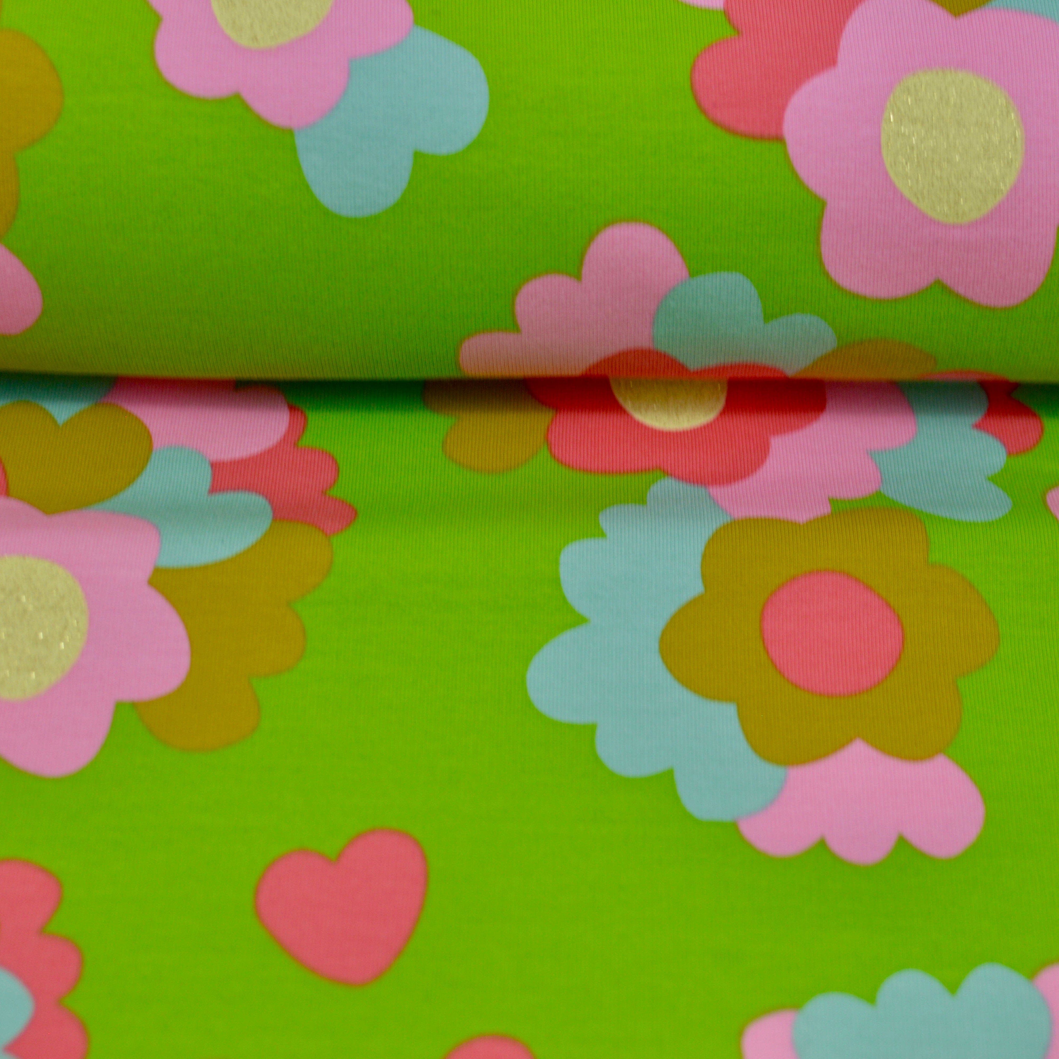 French Terry - 70s Flowers - greeny Glitter Fabric poshpinks