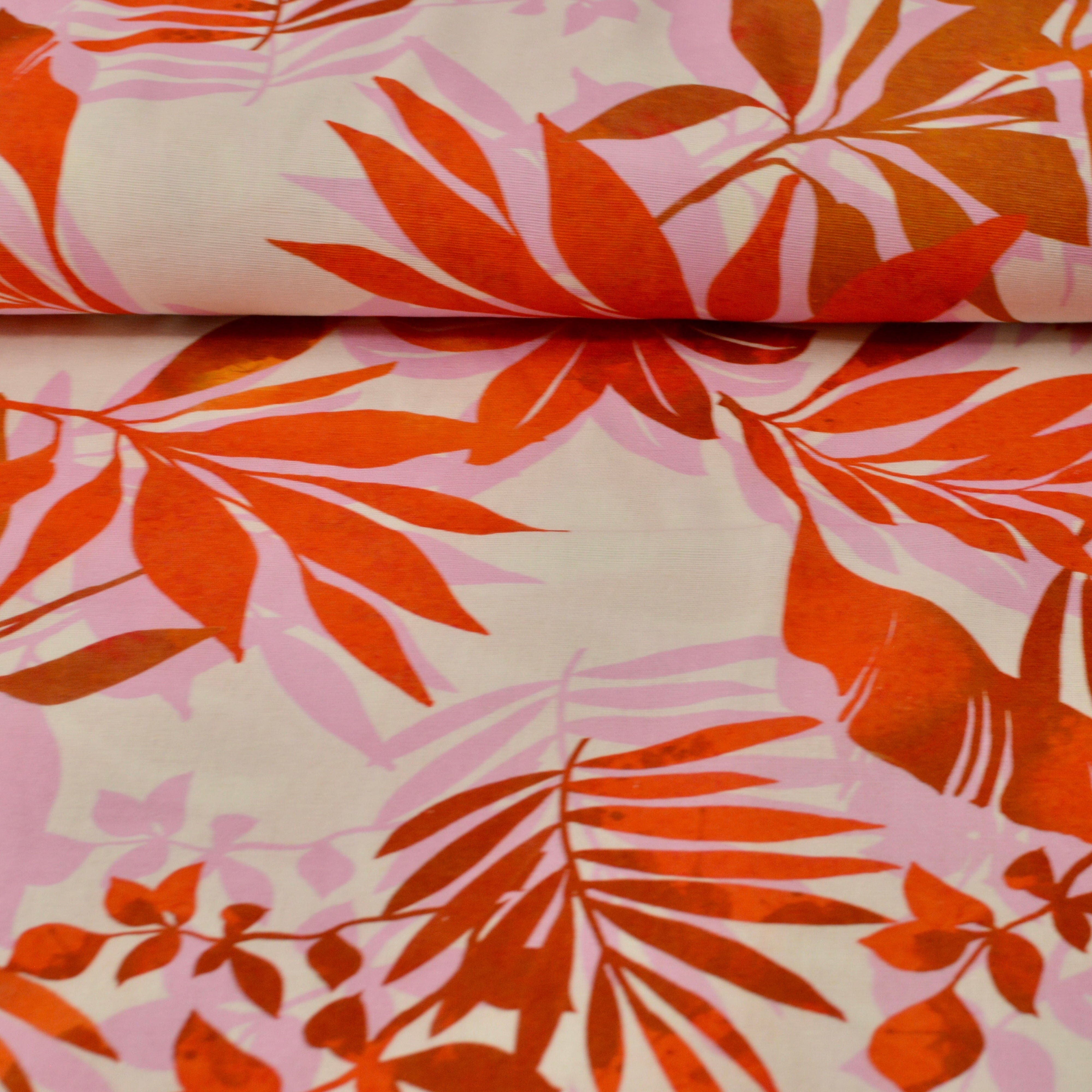 Viskose Leinen - Druck Blätter Rot pink Fabric poshpinks