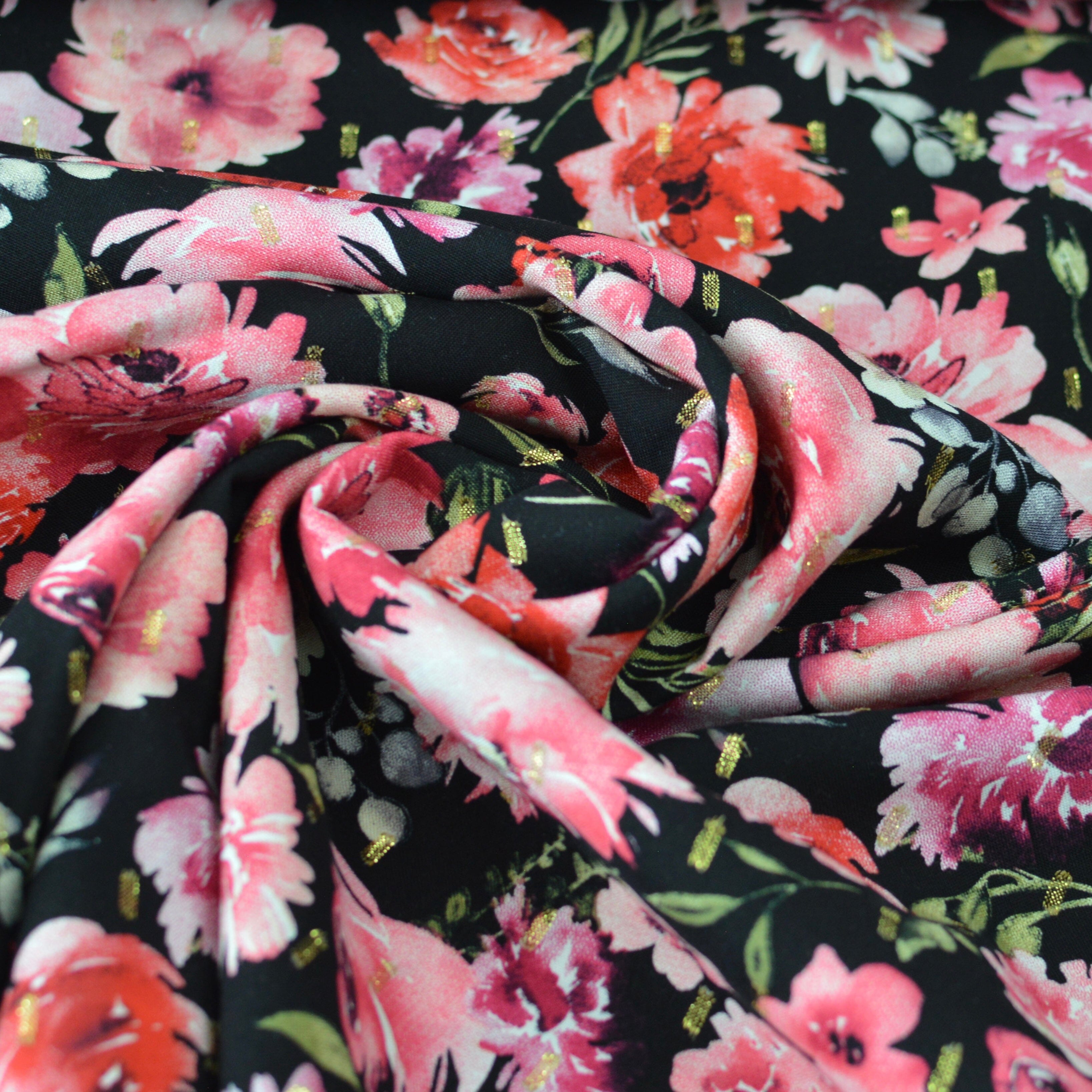 Viskose - Blumen - schwarz rot Fabric poshpinks