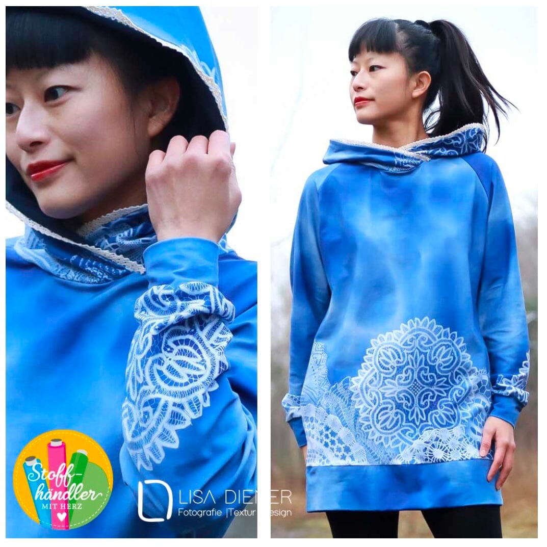Stoffhändler mit Herz Eigenproduktion - Mandala Spitze blau weiß Fabric poshpinks