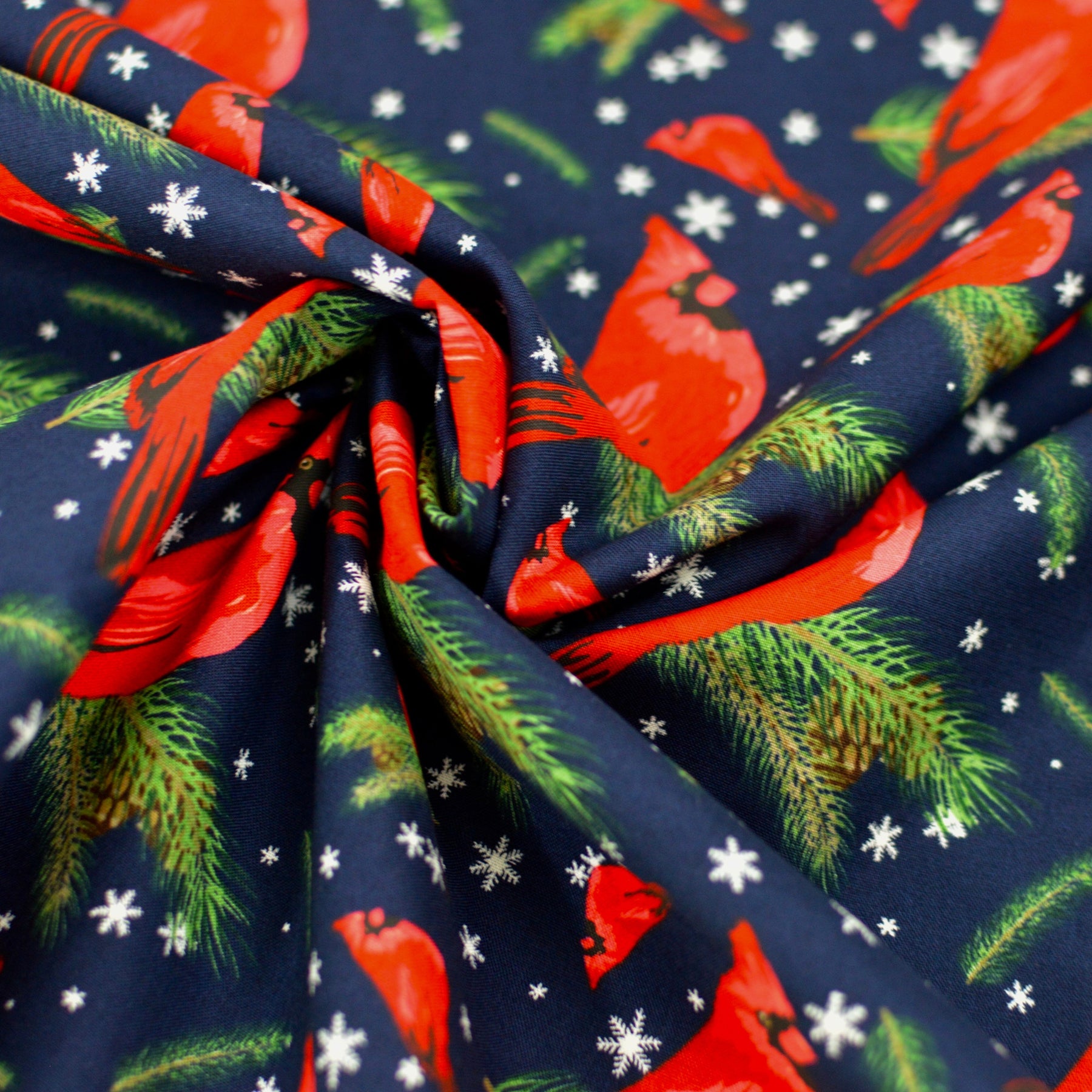 Baumwoll - Webware mit Weihnachstmuster - rote Vögel auf dunkelblau Fabric poshpinks