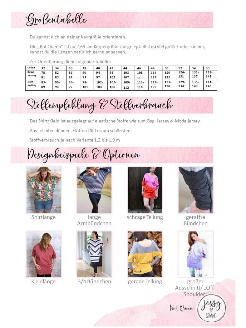 Papierschnittmuster Jessy Sewing - BAT Queen - Gr. 32-56 - Fledermausshirt für Damen Schnittmuster poshpinks