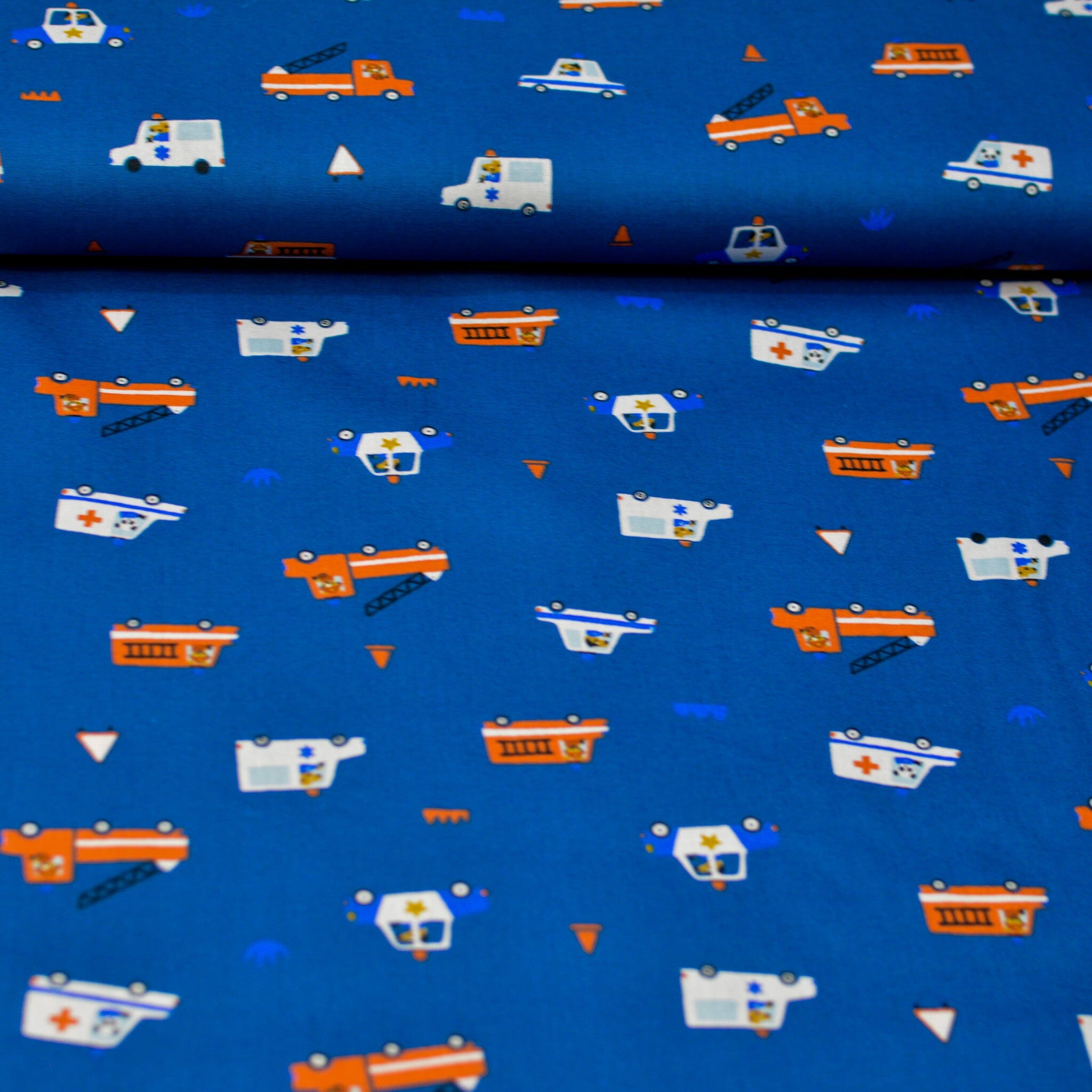 Baumwoll Popeline Flowers - Firefighter Cars - cobalt orange Fabric poshpinks