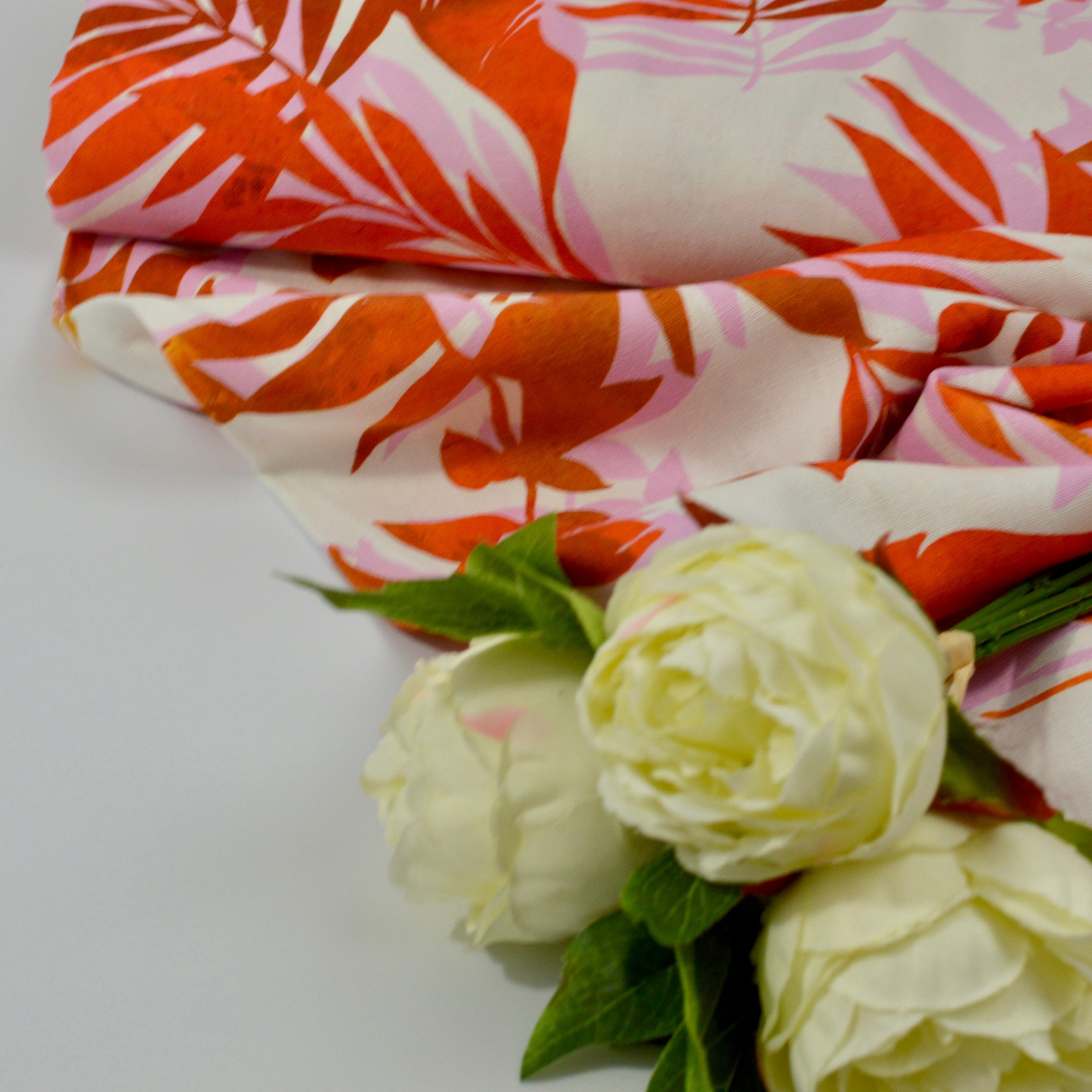 Viskose Leinen - Druck Blätter Rot pink Fabric poshpinks