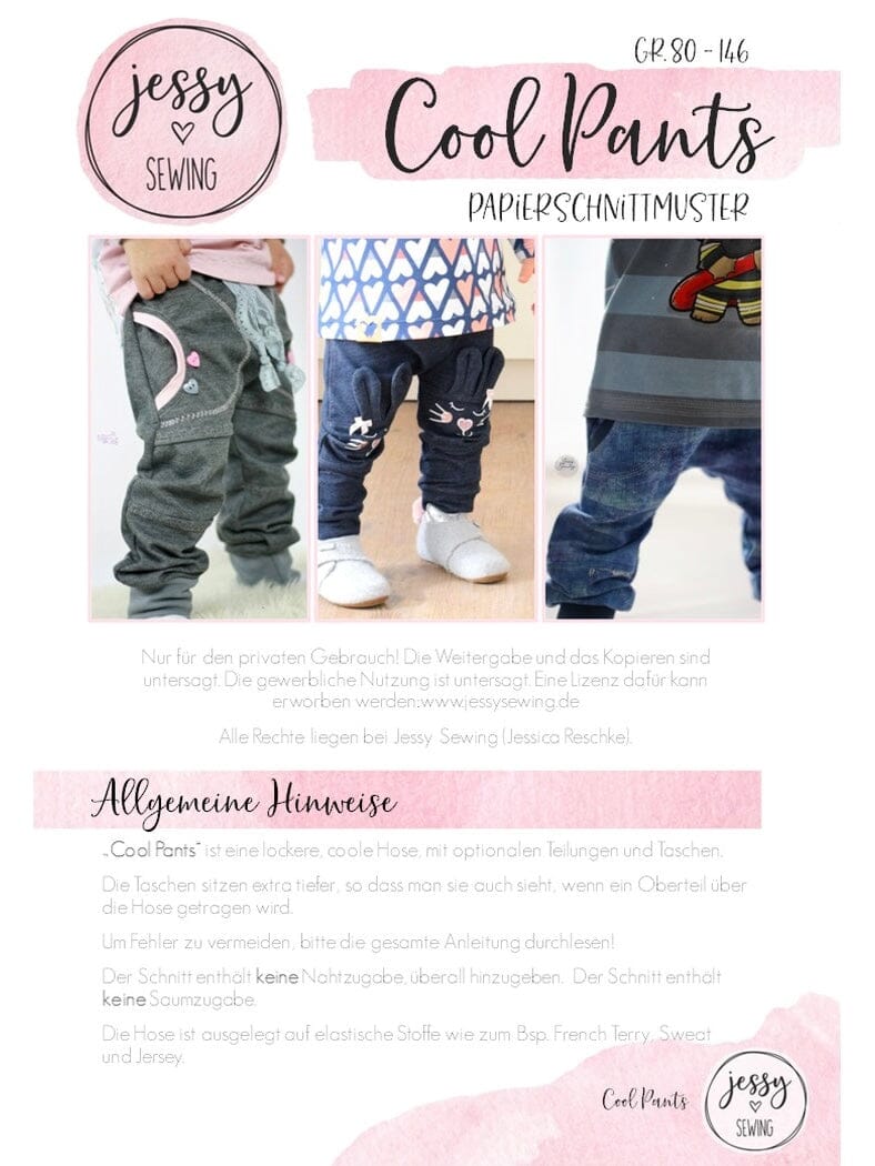 Papierschnittmuster Jessy Sewing - Cool Pants - Gr. 80-146 - lässige Hose für Kinder Schnittmuster poshpinks