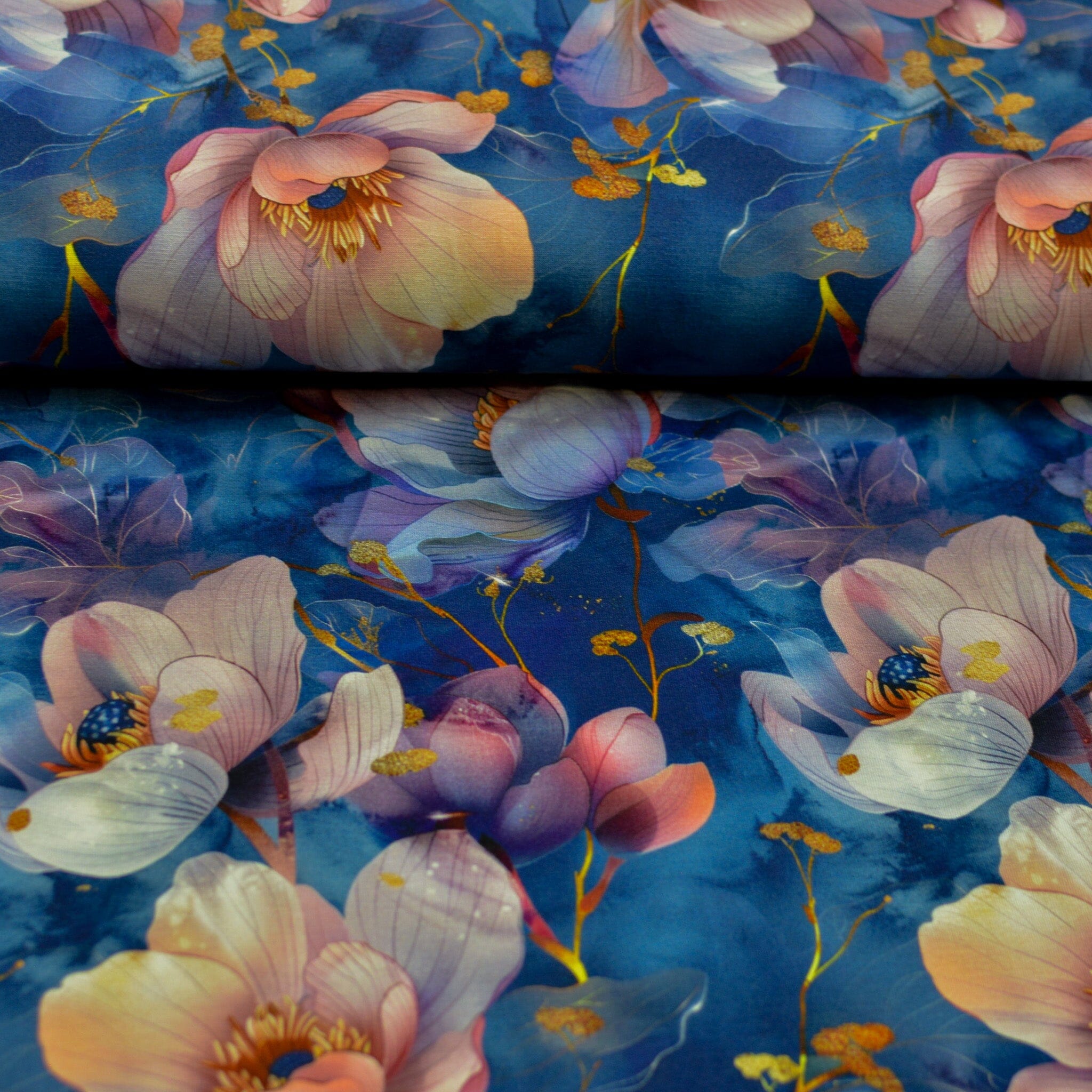 Bambusjersey - Poppies - Blumen - blau rose Fabric poshpinks