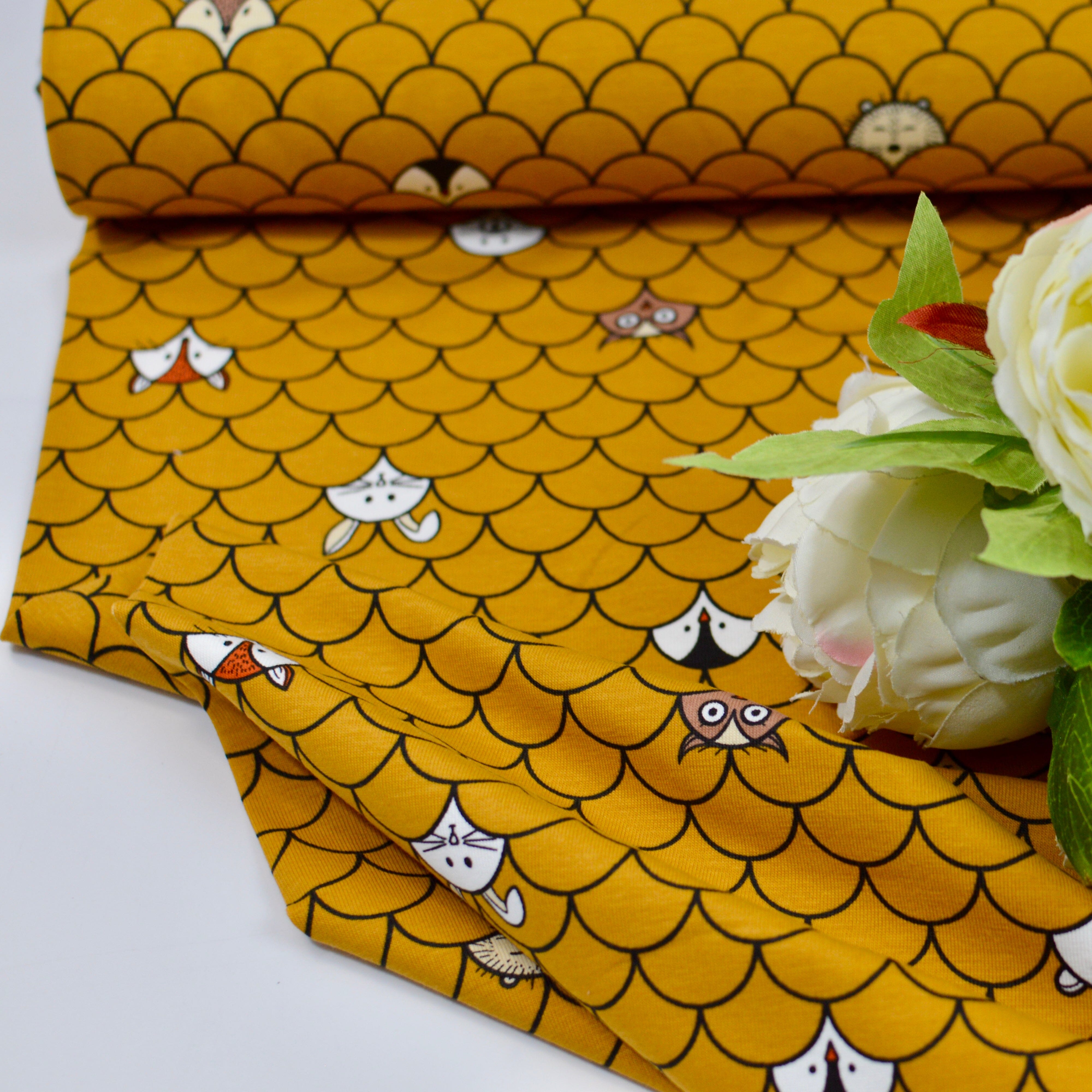 Baumwolljersey - Wavie Hello - Senfgelb Fabric poshpinks