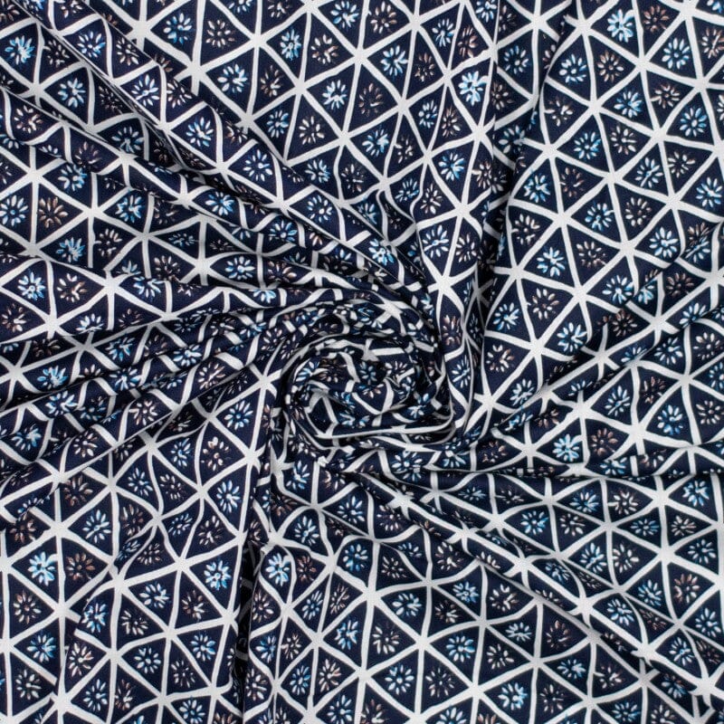 Baumwoll Webware - Dreiecke & Blumen - blau weiß Fabric poshpinks