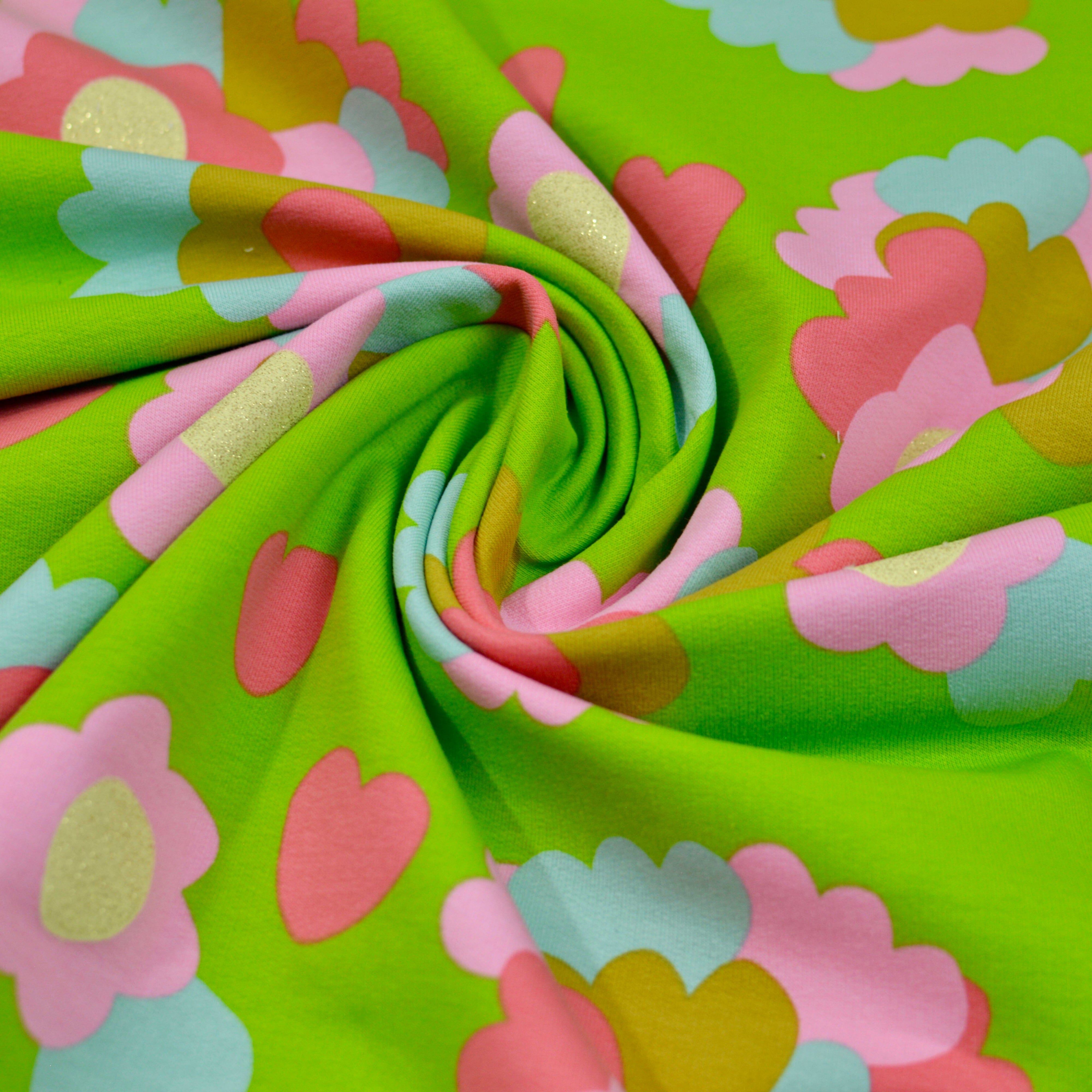 French Terry - 70s Flowers - greeny Glitter Fabric poshpinks