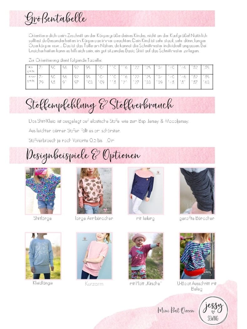 Papierschnittmuster Jessy Sewing - Mini BAT Queen - Gr. 68-156 - Fledermausshirt für Kinder Schnittmuster poshpinks