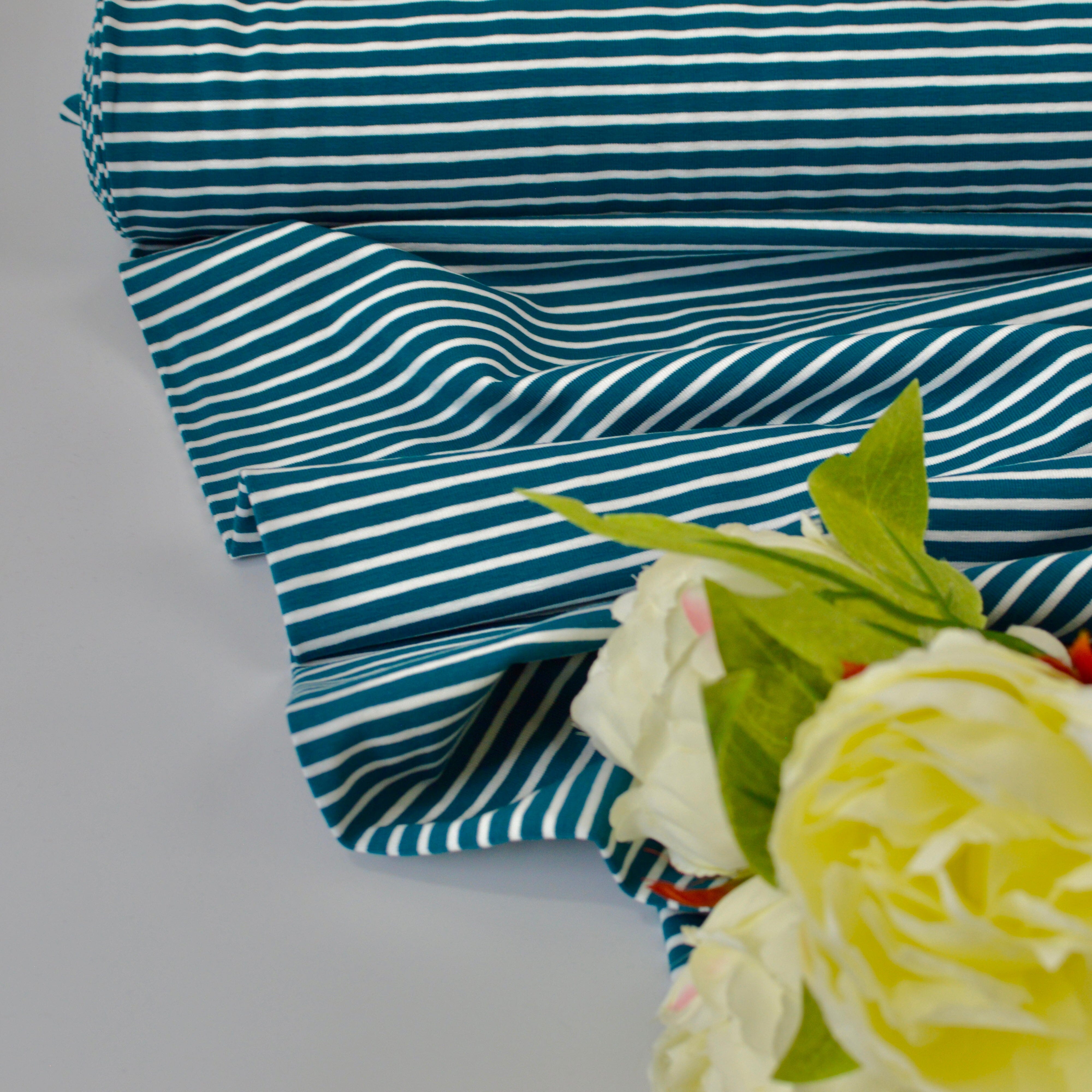 Baumwolljersey - Streifen/Ringel petrol weiß Fabric poshpinks