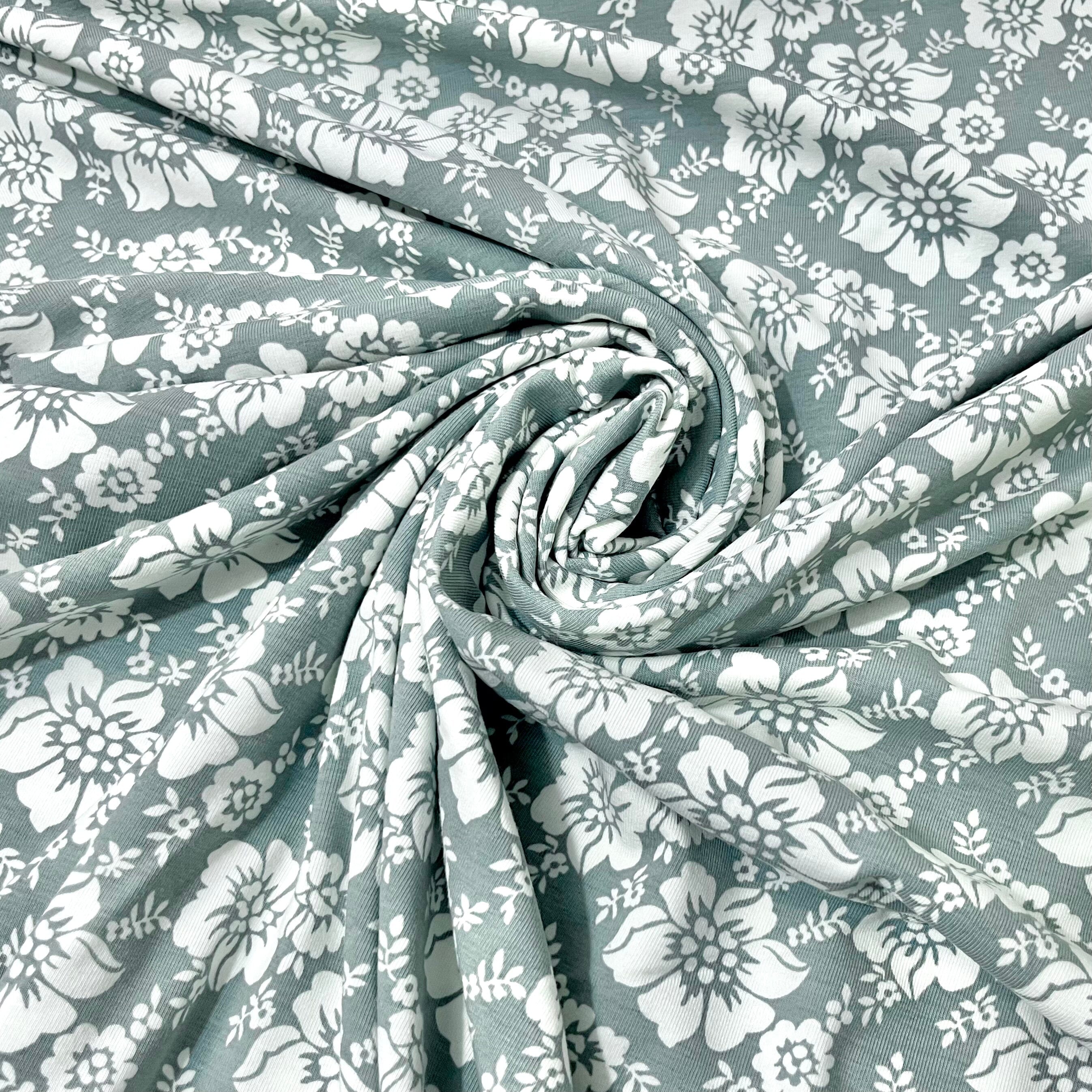 Baumwolljersey - Blumen - weiß auf grau Fabric poshpinks