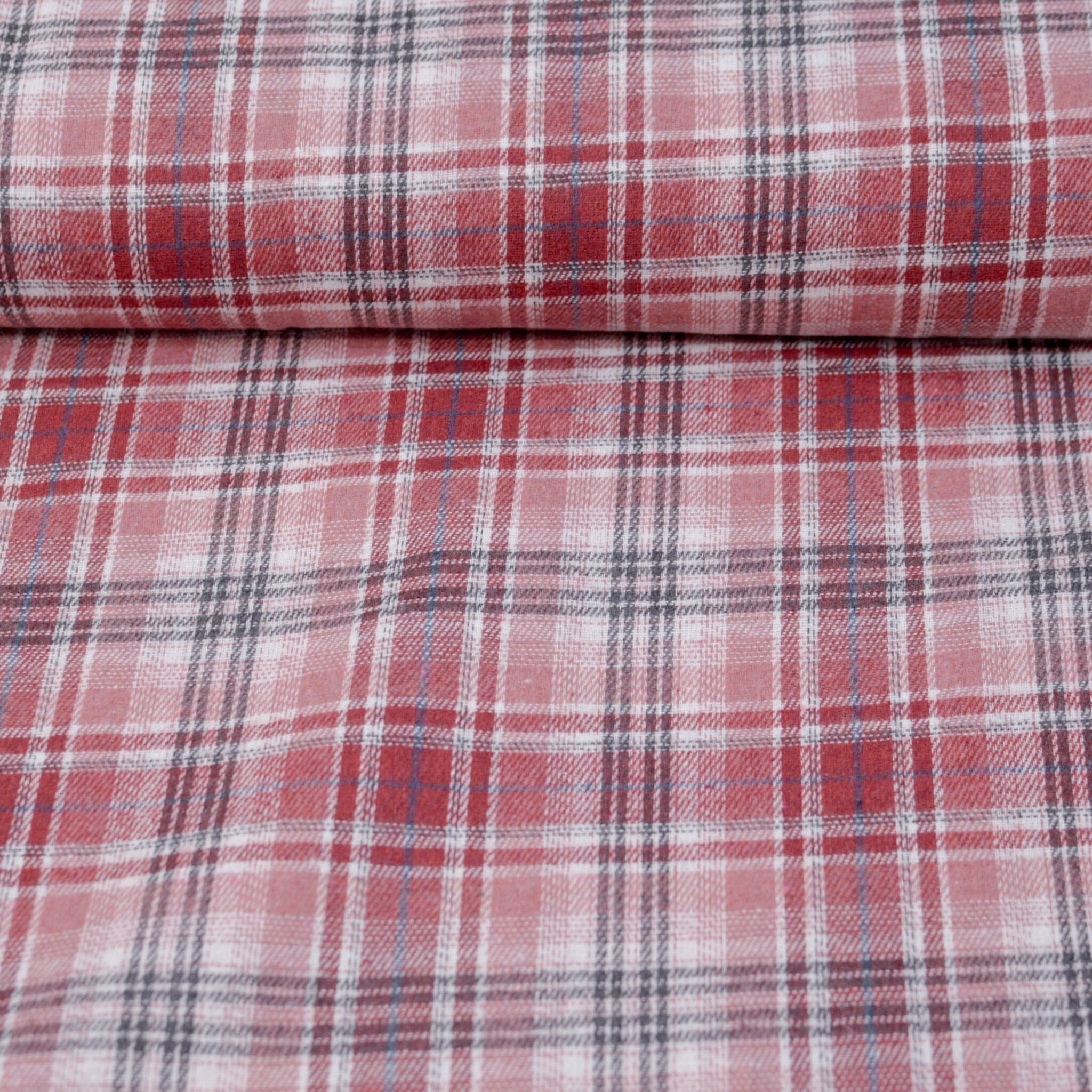 Flanell Baumwollmix - Rose rot grau kariert Fabric poshpinks