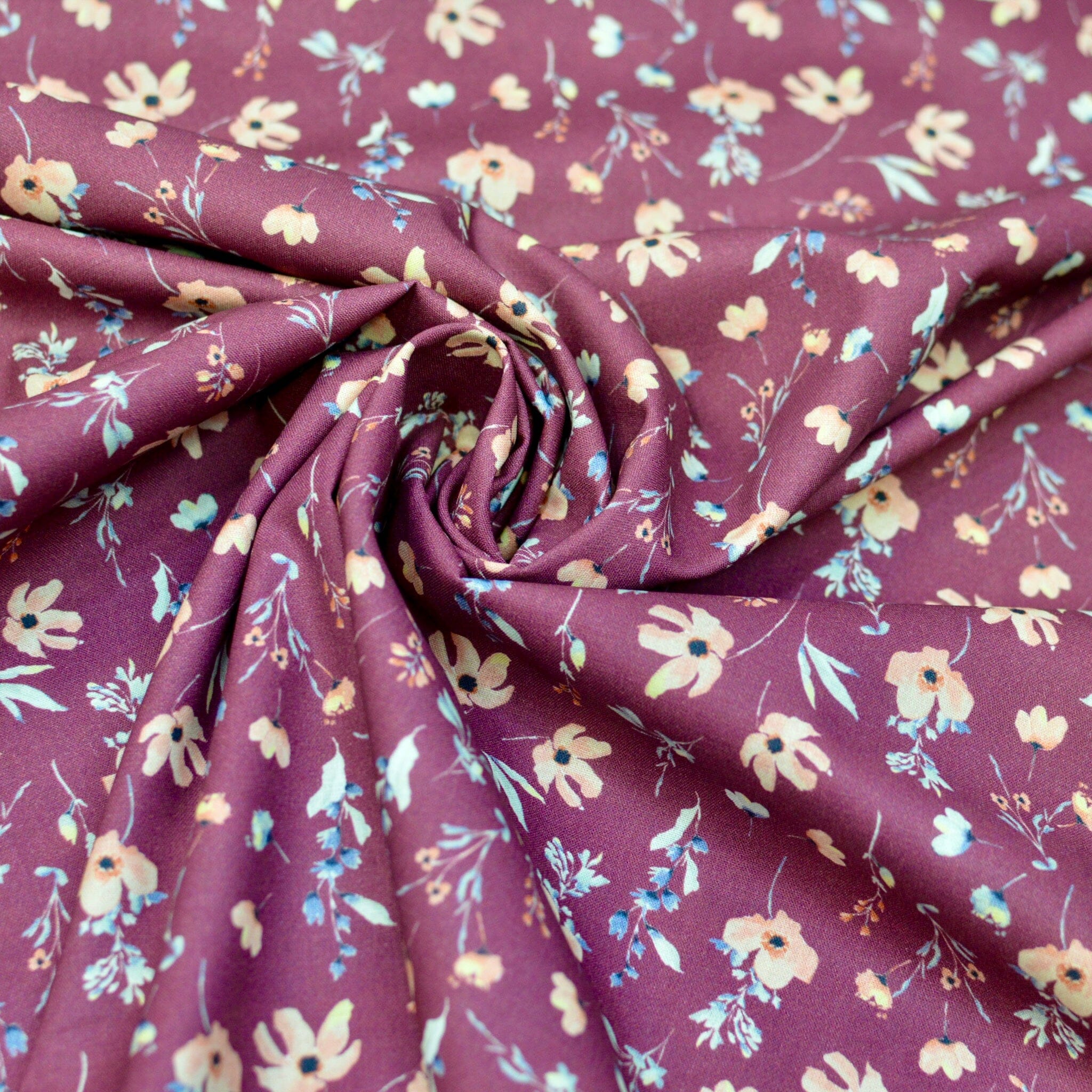 Baumwoll Popeline - Aquarell Flowers - Dark Mauve Fabric poshpinks