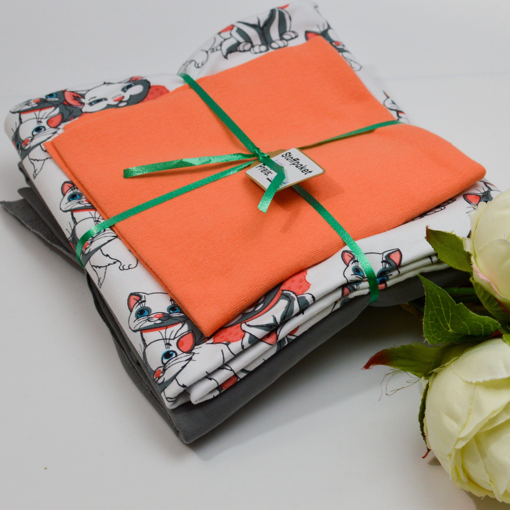 Stoffpaket Jersey & Bündchen – Katzen weiß,apricot,grau – limitiert Paket poshpinks