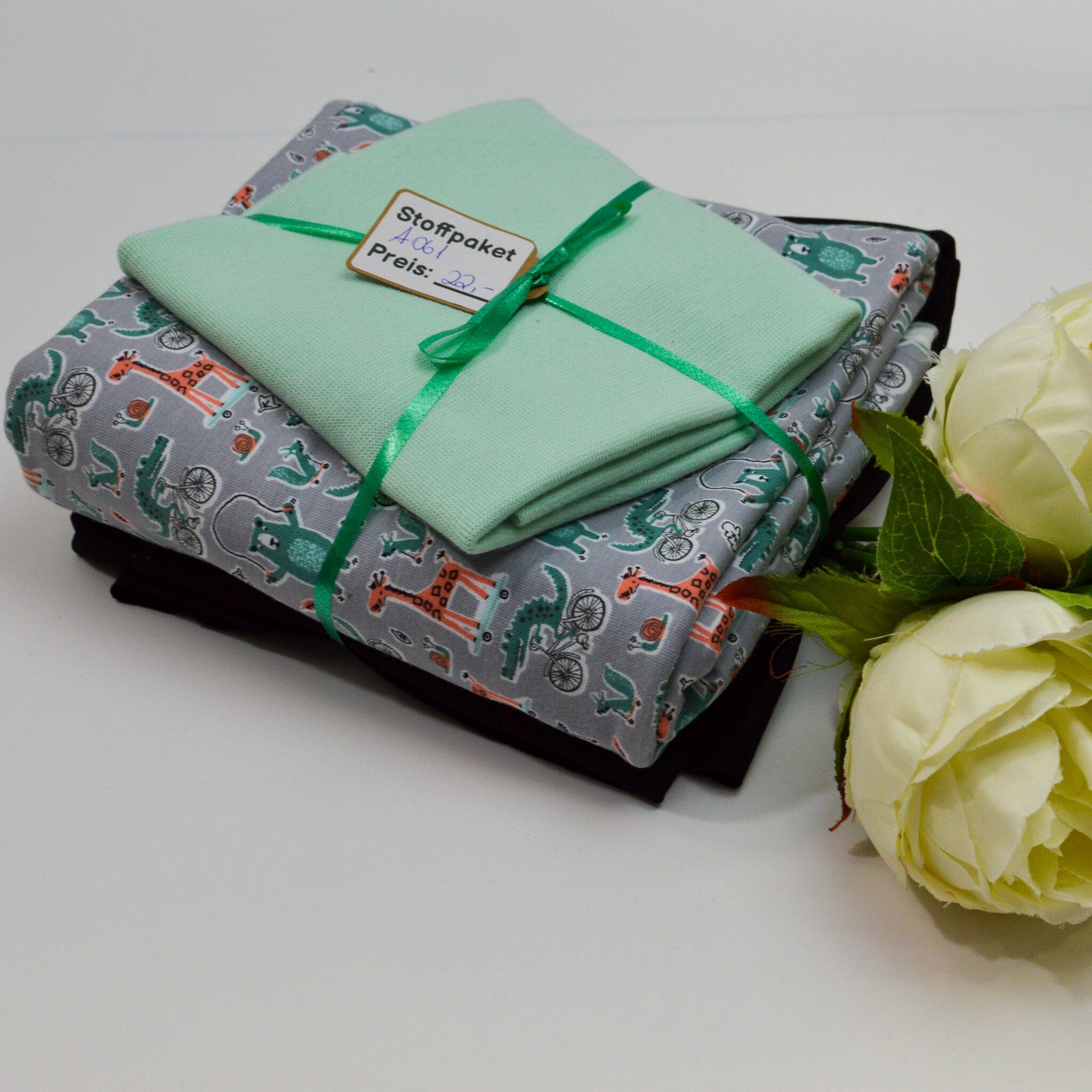 Stoffpaket Jersey & Bündchen – lustige Zootiere grau Mint – limitiert Paket poshpinks