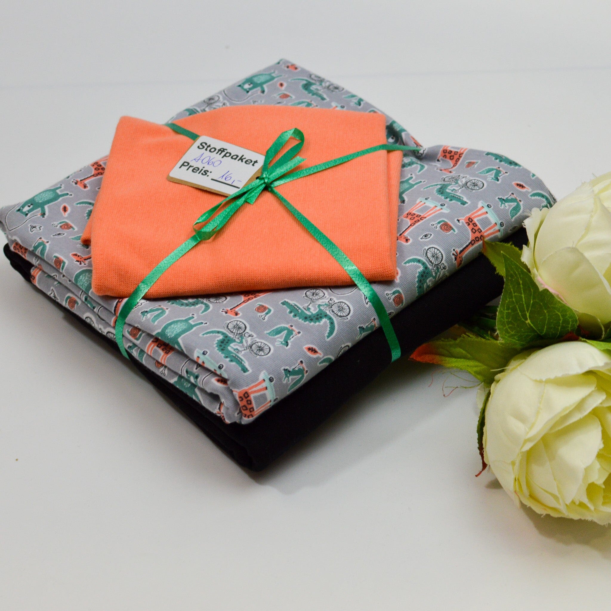 Stoffpaket Jersey & Bündchen – lustige Zootiere grau apricot – limitiert Paket poshpinks