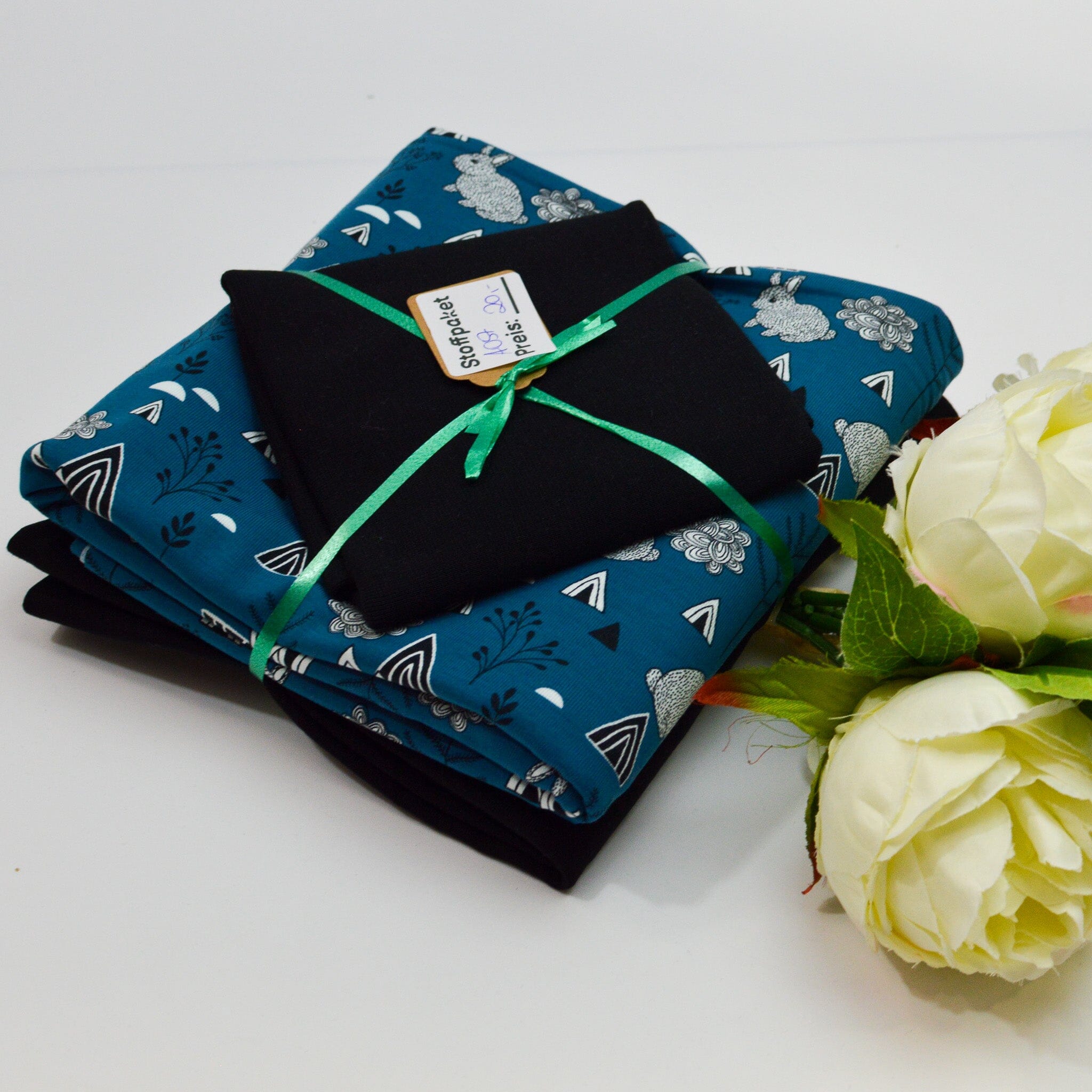 Stoffpaket Jersey & Bündchen – Hase Petrol schwarz grau – limitiert Paket poshpinks