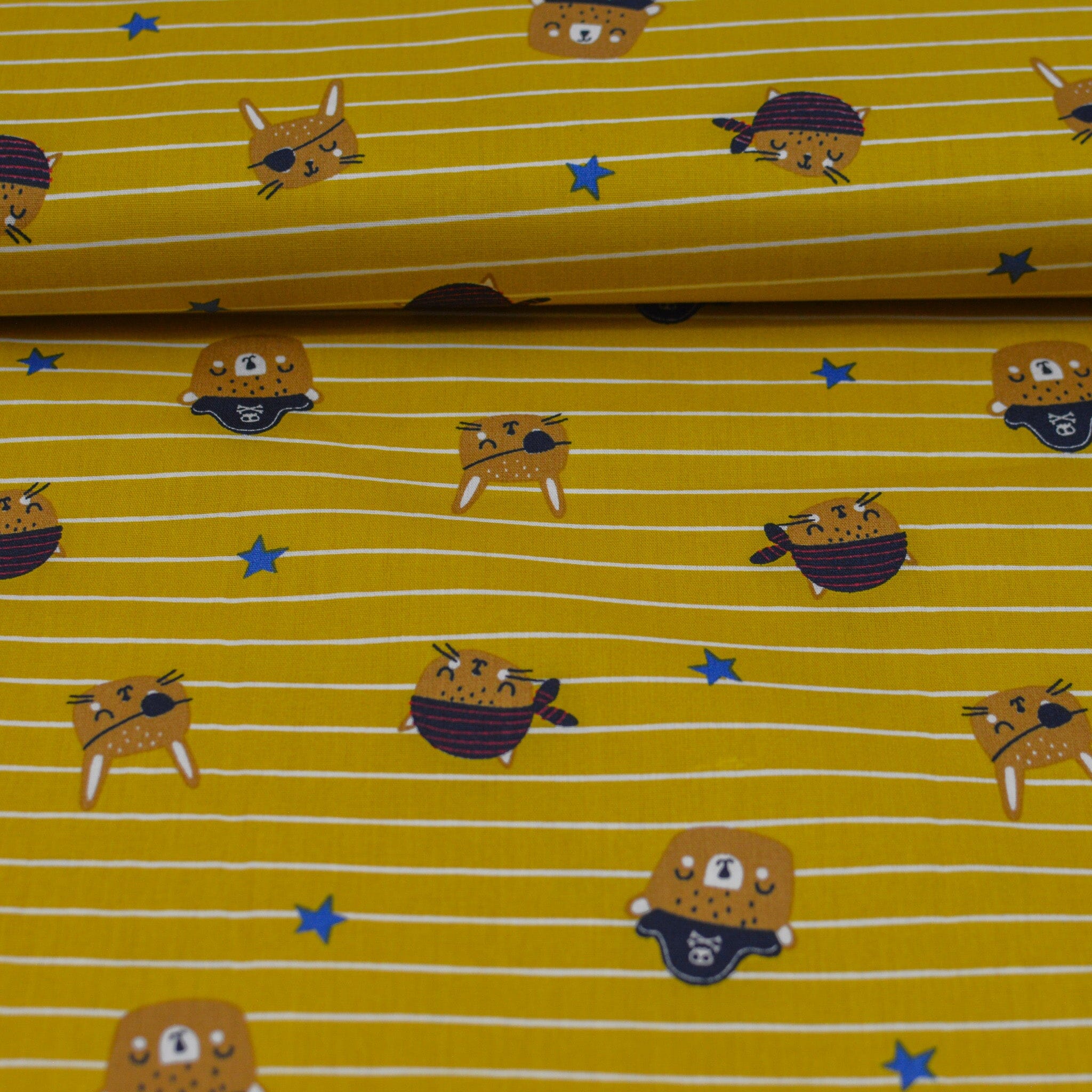 Baumwoll Popeline - tierische Piraten - senfgelb blau braun weiß gestreift Fabric poshpinks