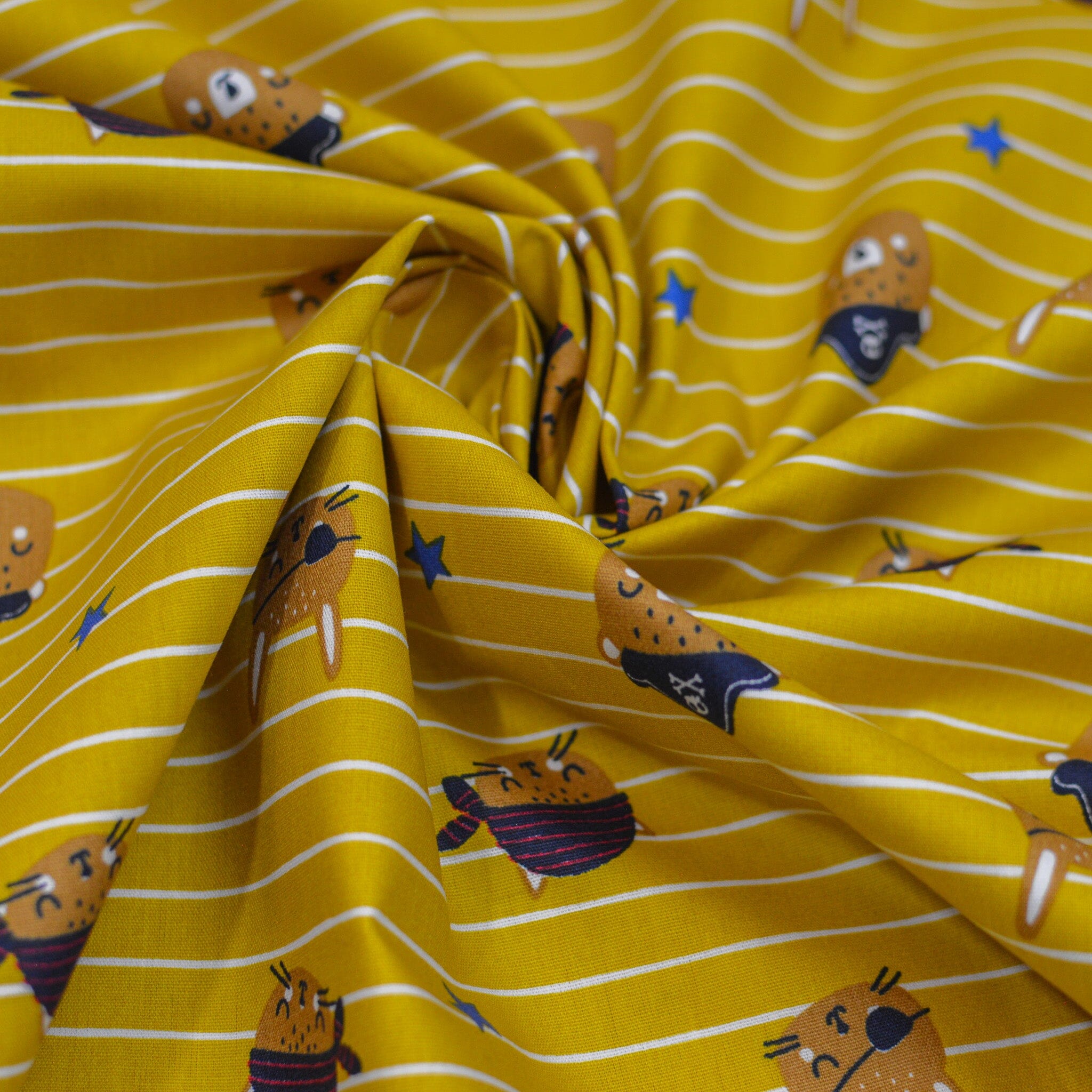 Baumwoll Popeline - tierische Piraten - senfgelb blau braun weiß gestreift Fabric poshpinks
