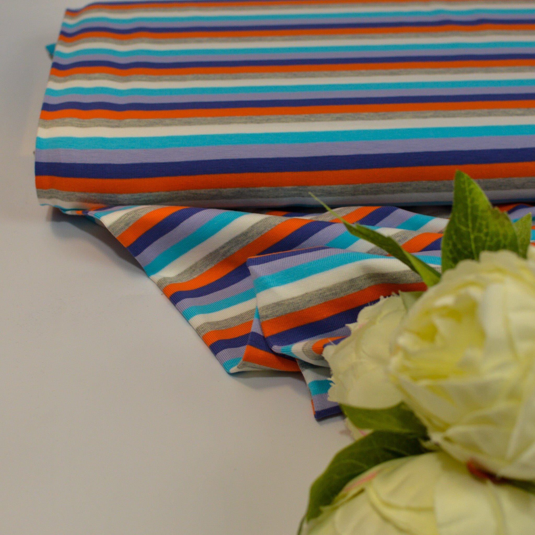 Baumwolljersey - Streifen / Ringel - blau lila orange weiß hellgrau Fabric poshpinks