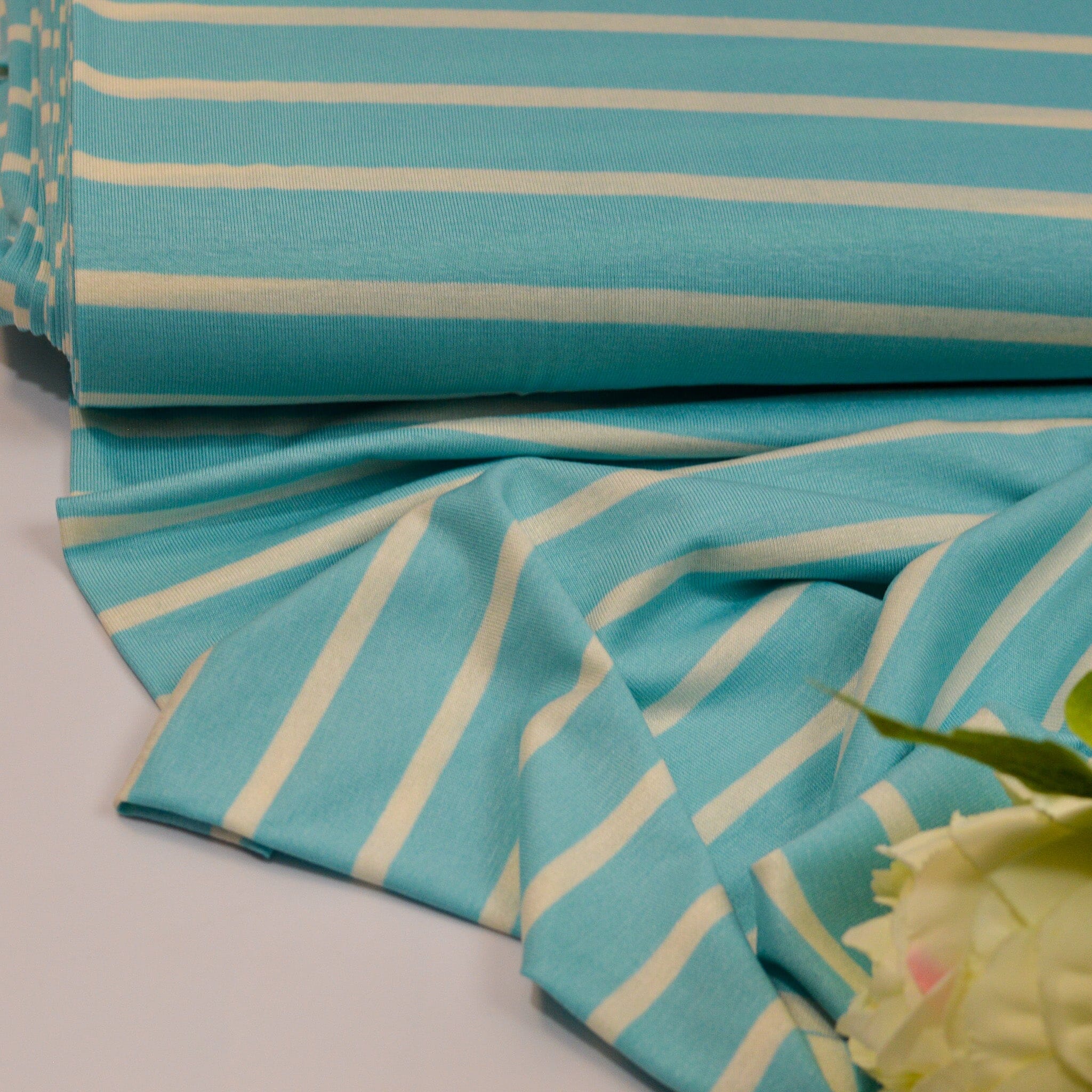 Viskosejersey - Streifen / Ringel - Blockstreifen - Türkis weiß Fabric poshpinks