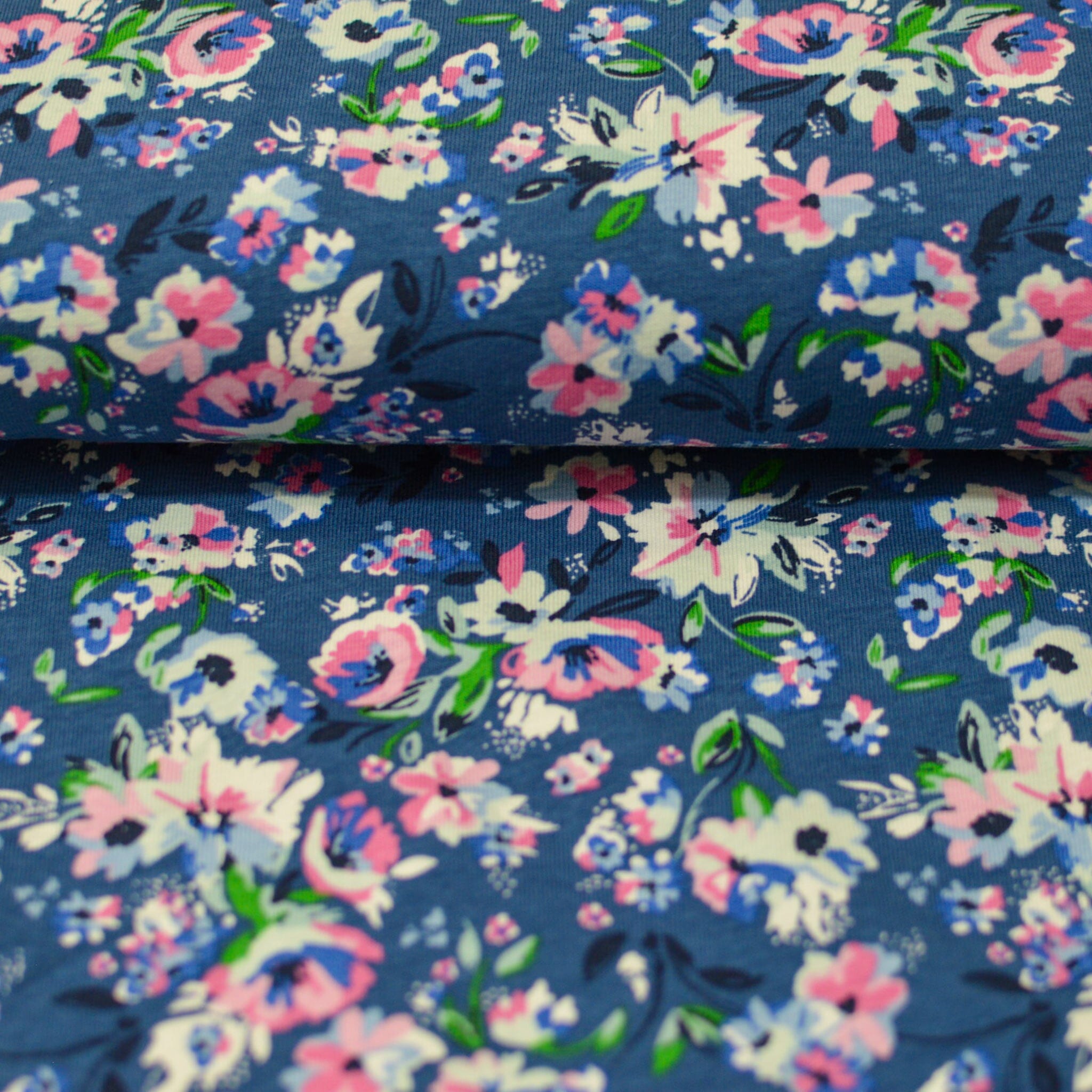 Baumwolljersey - Blumenweise - Jeansblau rosa pink Fabric poshpinks