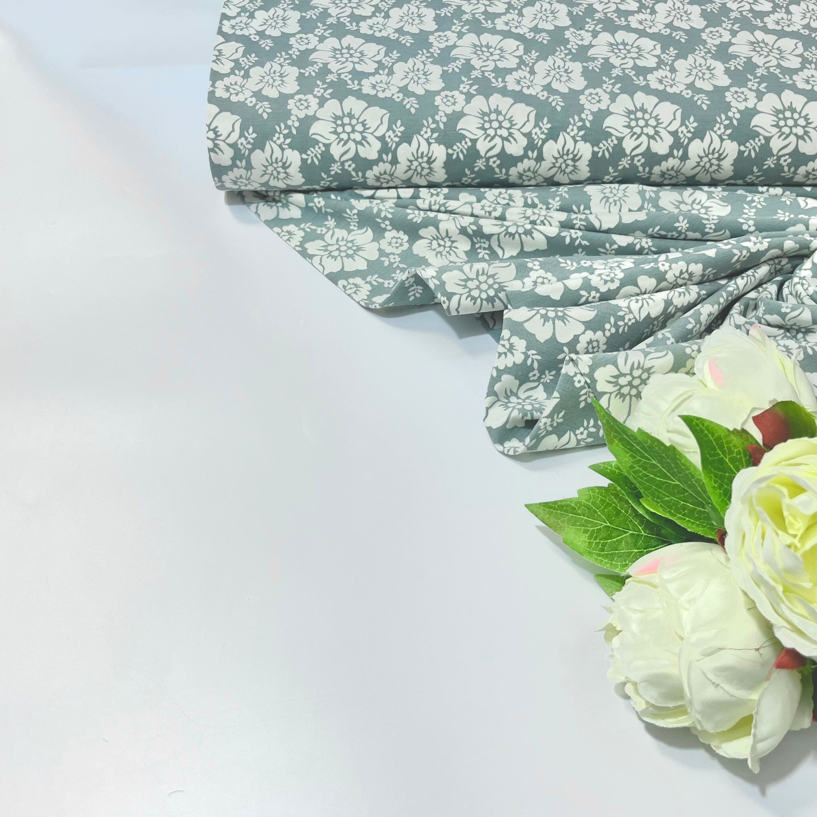 Baumwolljersey - Blumen - weiß auf grau Fabric poshpinks